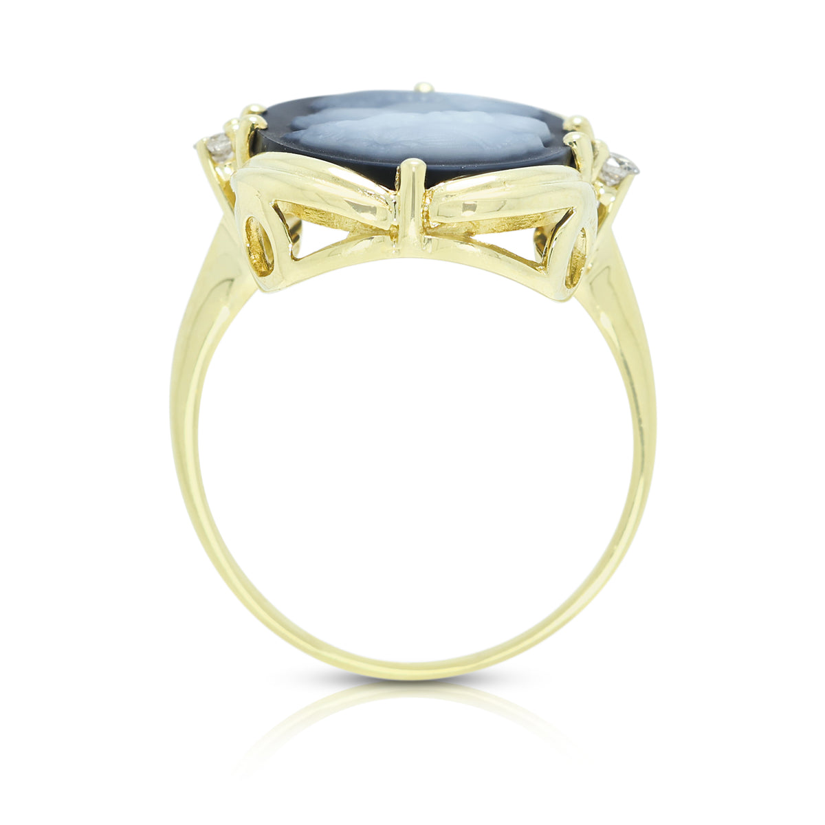 Enchanting Carved Blue Agate Cameo and 0.06ct Natural Diamond Ring in 14K Yellow Gold