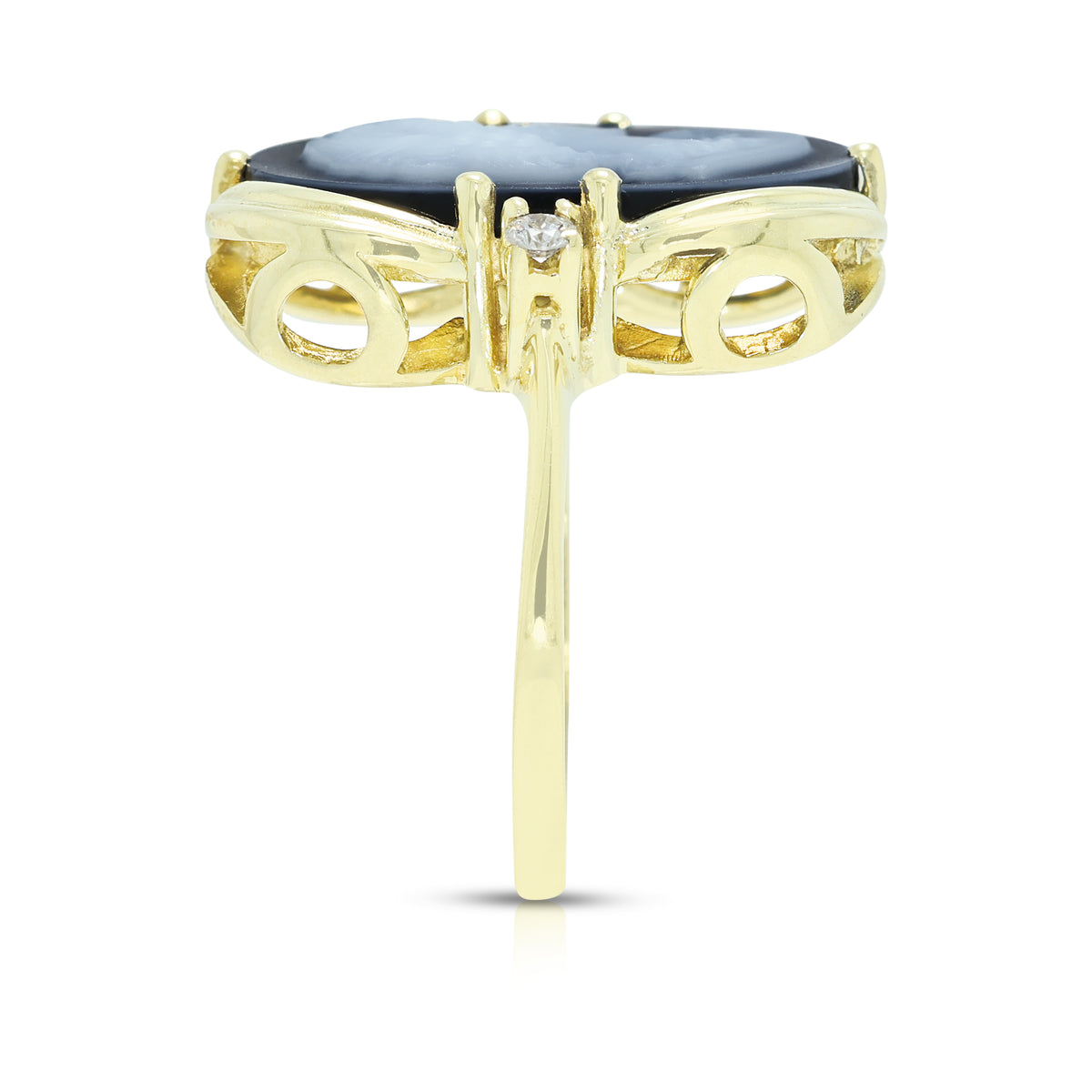 Enchanting Carved Blue Agate Cameo and 0.06ct Natural Diamond Ring in 14K Yellow Gold