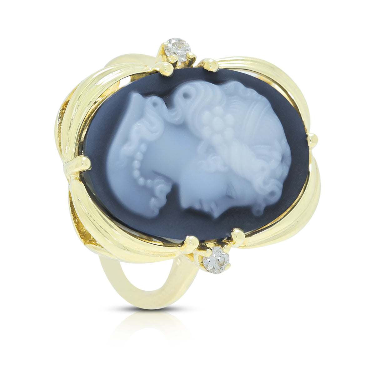 Enchanting Carved Blue Agate Cameo and 0.06ct Natural Diamond Ring in 14K Yellow Gold