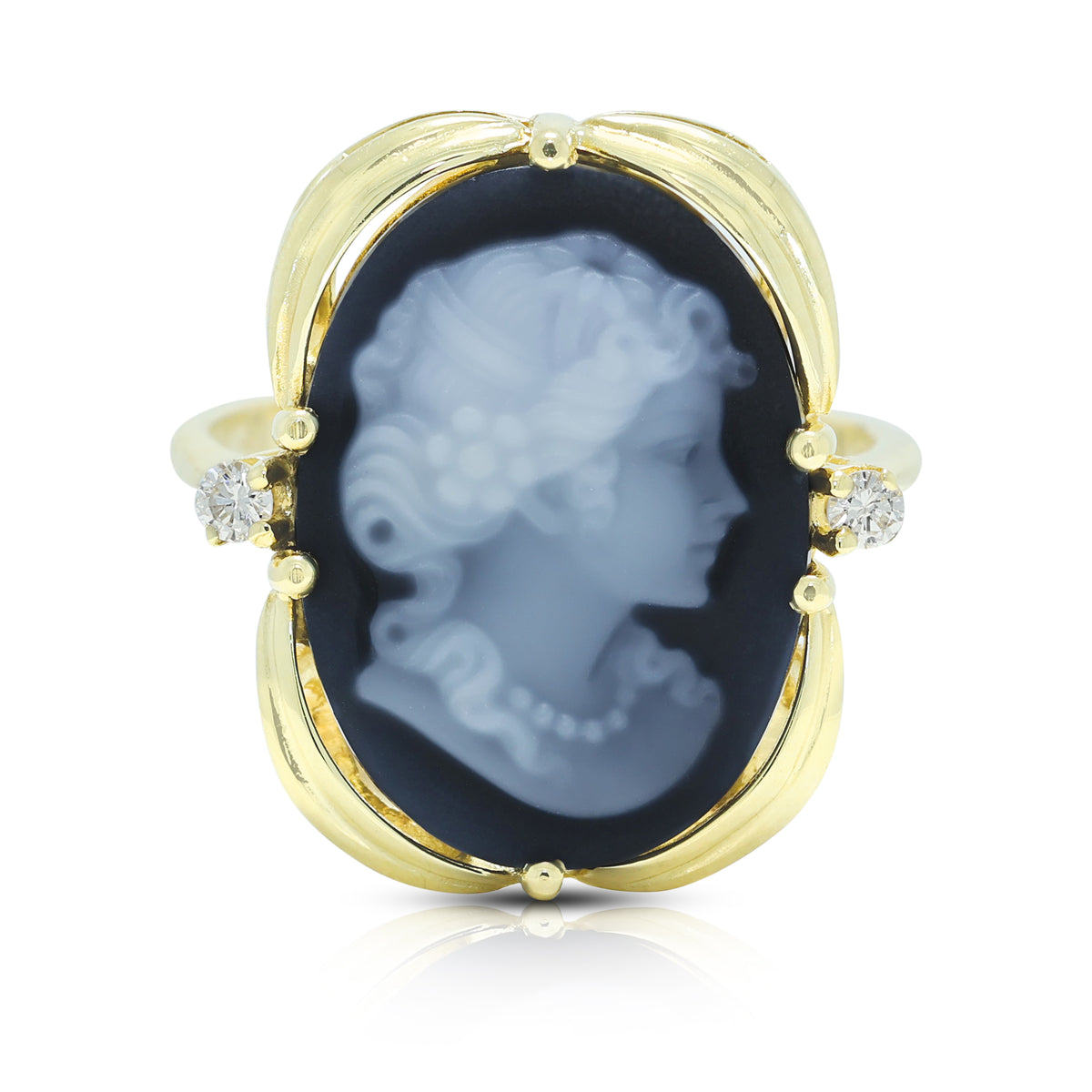 Enchanting Carved Blue Agate Cameo and 0.06ct Natural Diamond Ring in 14K Yellow Gold