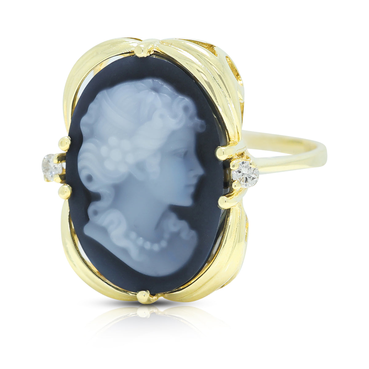 Enchanting Carved Blue Agate Cameo and 0.06ct Natural Diamond Ring in 14K Yellow Gold