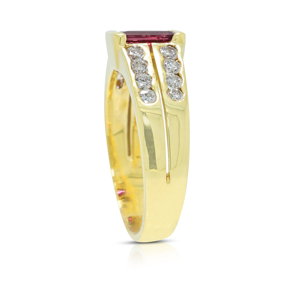 Exquisite 0.88ct Red Tourmaline and 0.36ct Natural Diamond Parallel Split Shank Ring in 18K Yellow Gold