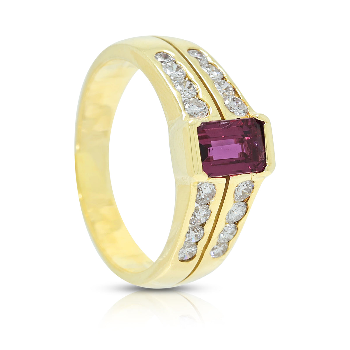 Exquisite 0.88ct Red Tourmaline and 0.36ct Natural Diamond Parallel Split Shank Ring in 18K Yellow Gold