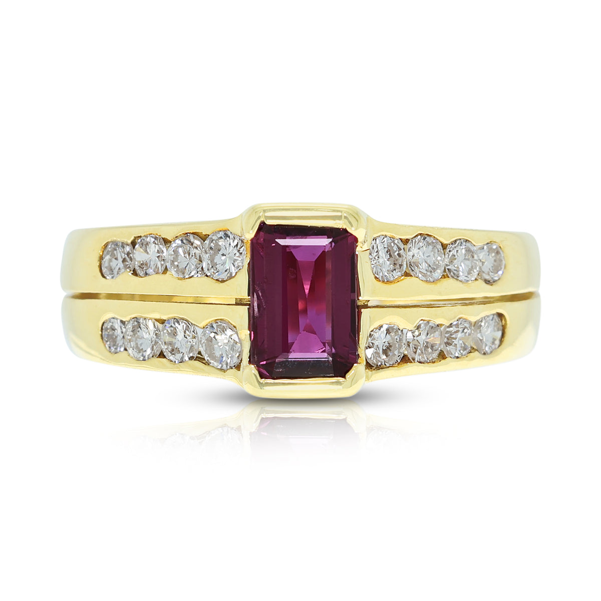 Exquisite 0.88ct Red Tourmaline and 0.36ct Natural Diamond Parallel Split Shank Ring in 18K Yellow Gold