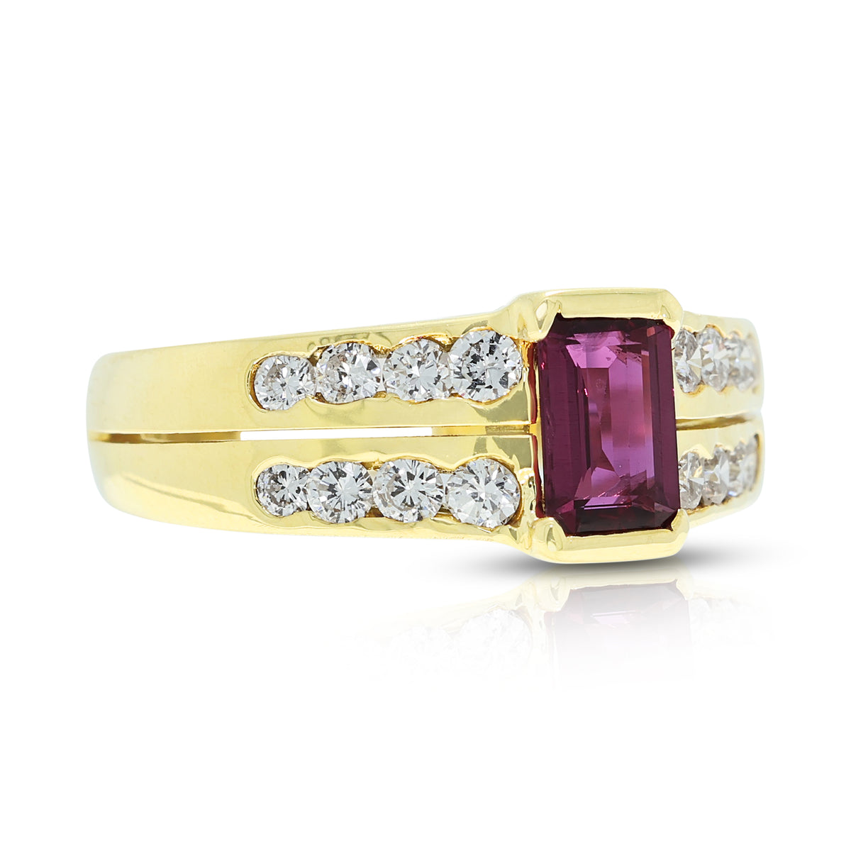 Exquisite 0.88ct Red Tourmaline and 0.36ct Natural Diamond Parallel Split Shank Ring in 18K Yellow Gold