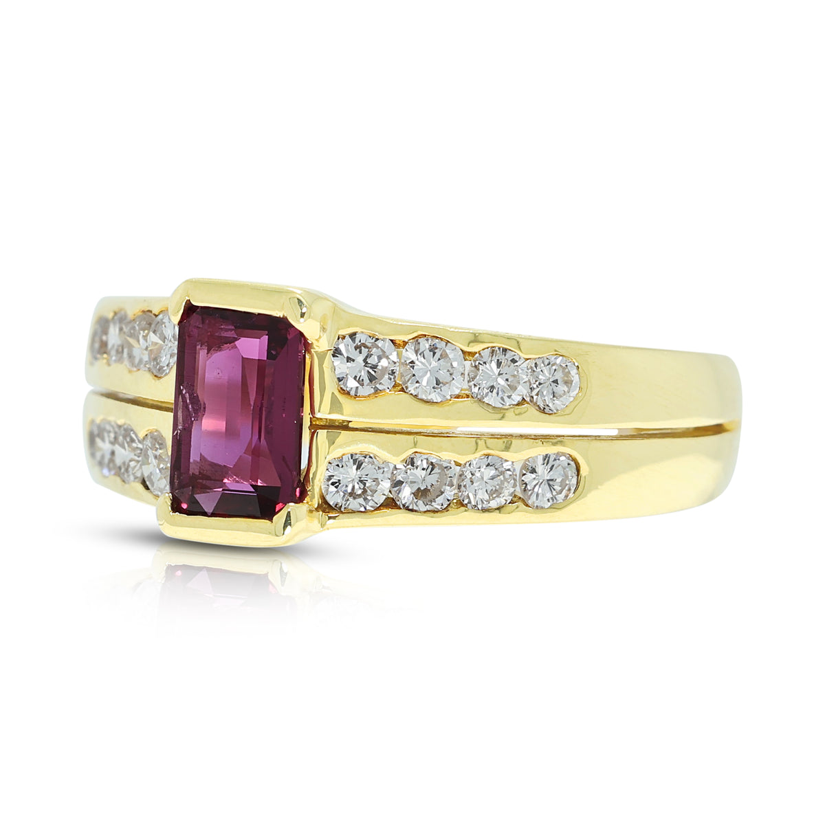 Exquisite 0.88ct Red Tourmaline and 0.36ct Natural Diamond Parallel Split Shank Ring in 18K Yellow Gold