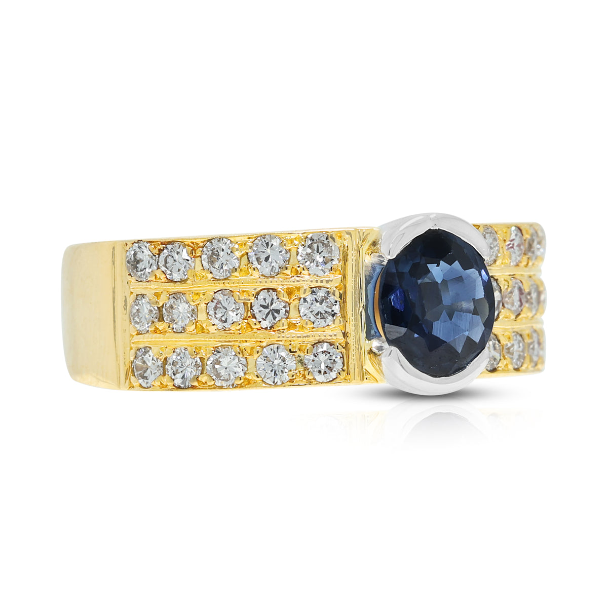 Elegant 0.98ct Blue Sapphire and 0.60ct Natural Diamond Halo Vintage Ring in 18K Two-Tone Gold