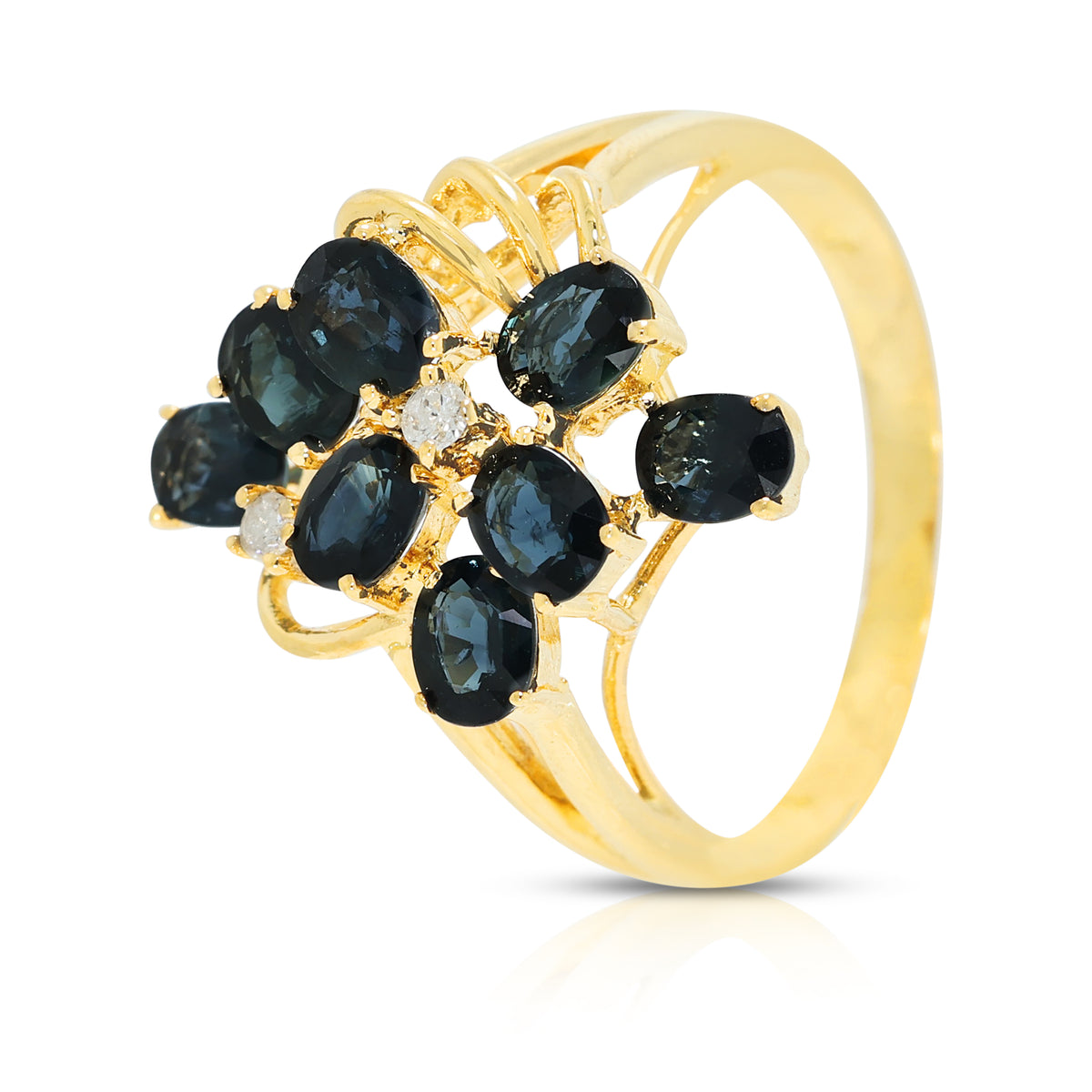 Splendid 1.10ct Sapphire and 0.02ct Natural Diamond Floral Cluster Ring in 14K Yellow Gold