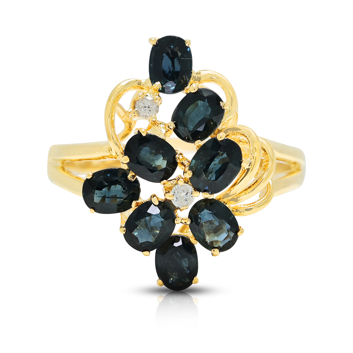 Splendid 1.10ct Sapphire and 0.02ct Natural Diamond Floral Cluster Ring in 14K Yellow Gold