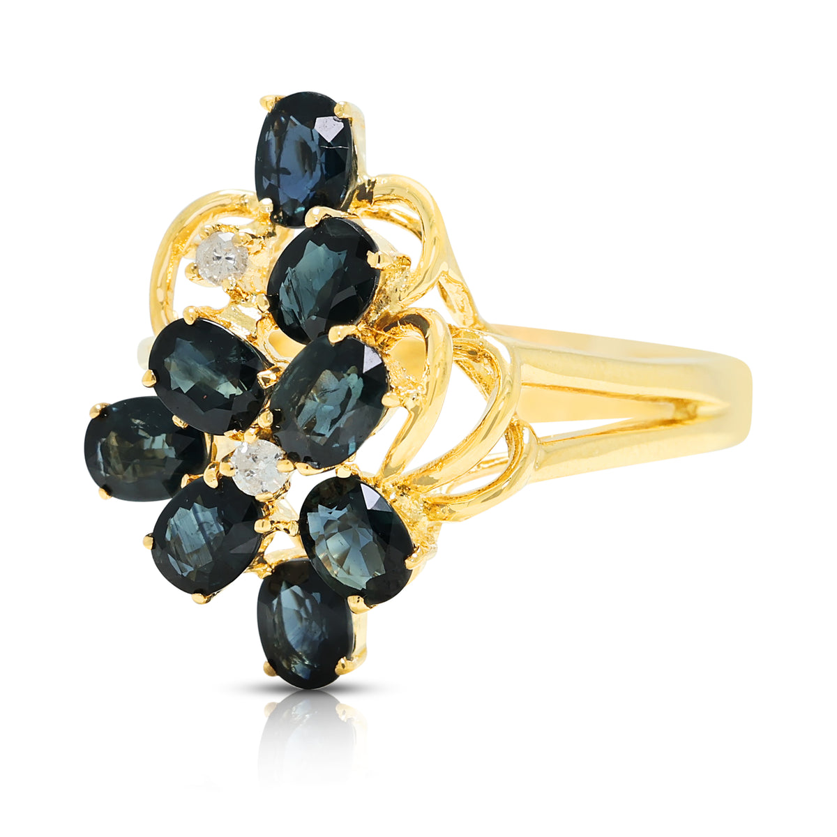Splendid 1.10ct Sapphire and 0.02ct Natural Diamond Floral Cluster Ring in 14K Yellow Gold