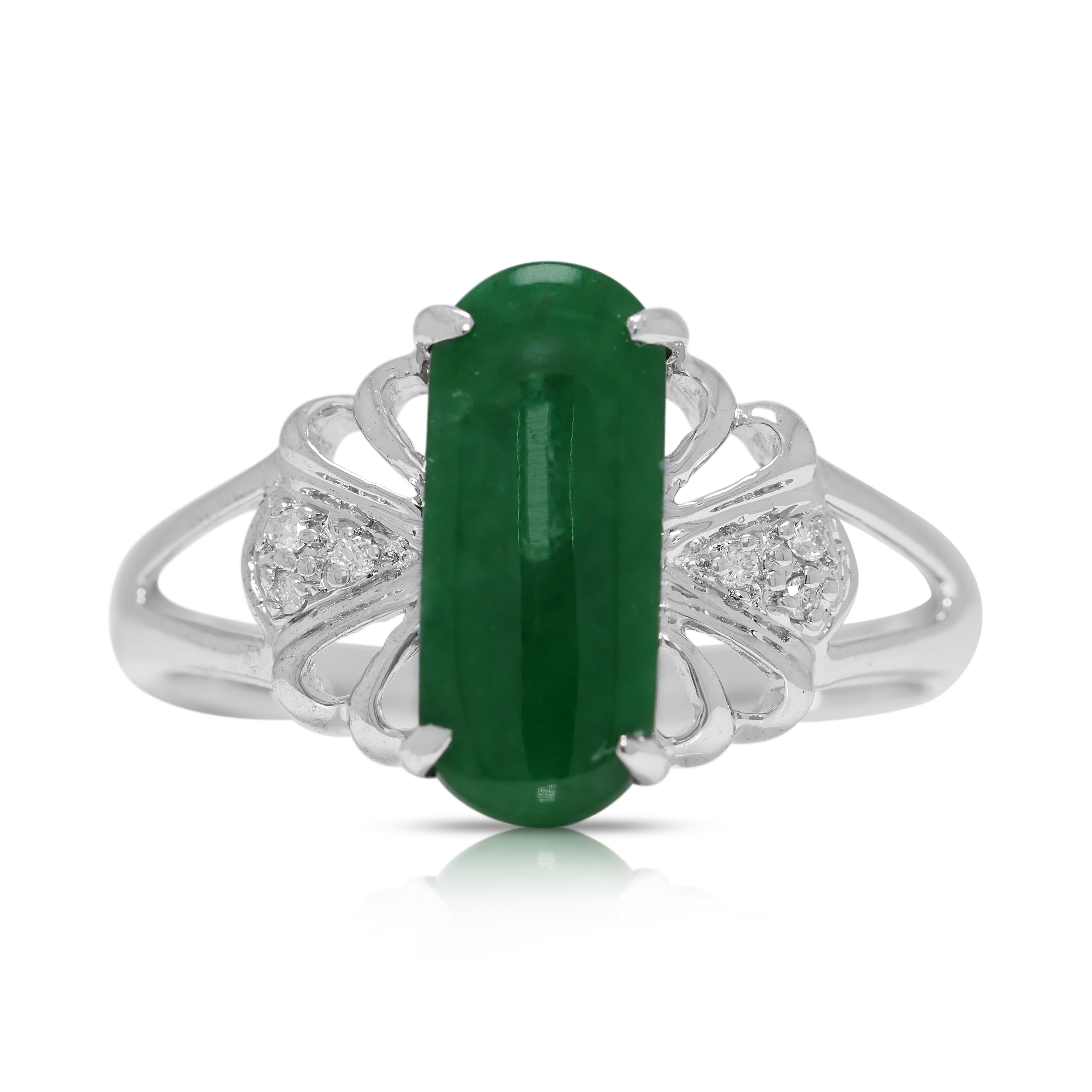 Elegant Green Jade & 0.03ct Natural Diamond Ring in 18K White Gold