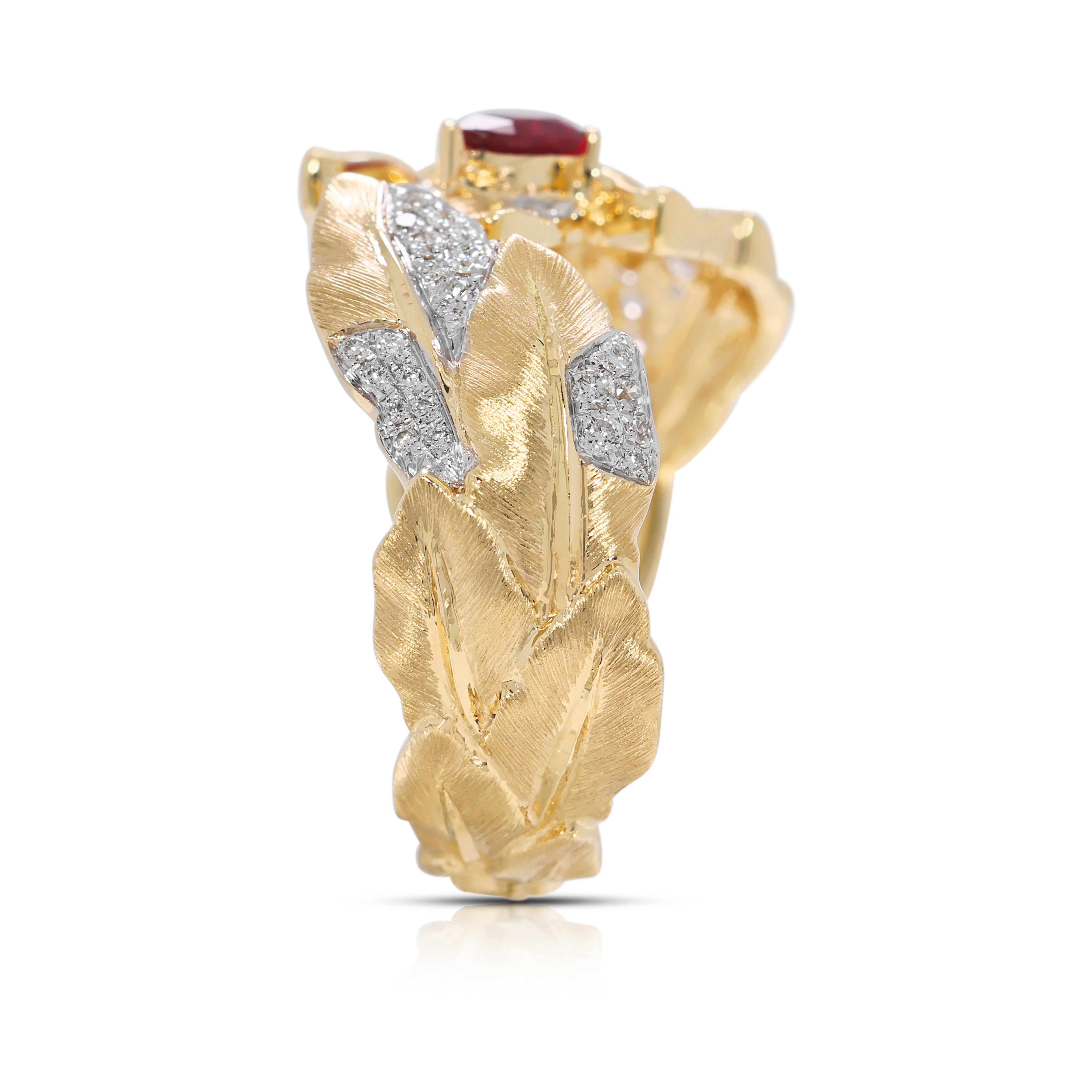 Nature-inspired 0.45ct Ruby & Natural Diamond Leaf Motif Ring in 18K Yellow Gold
