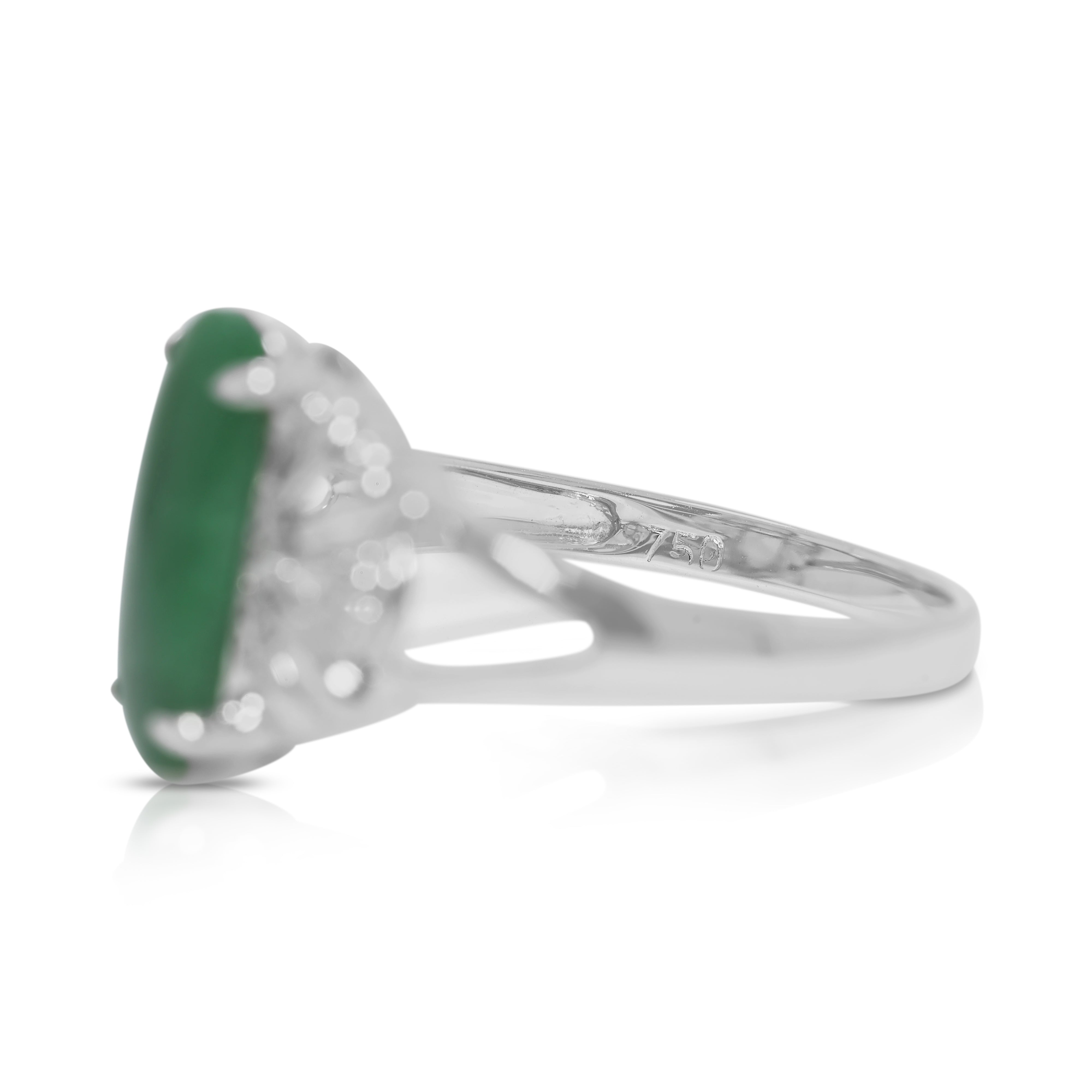 Elegant Green Jade & 0.03ct Natural Diamond Ring in 18K White Gold