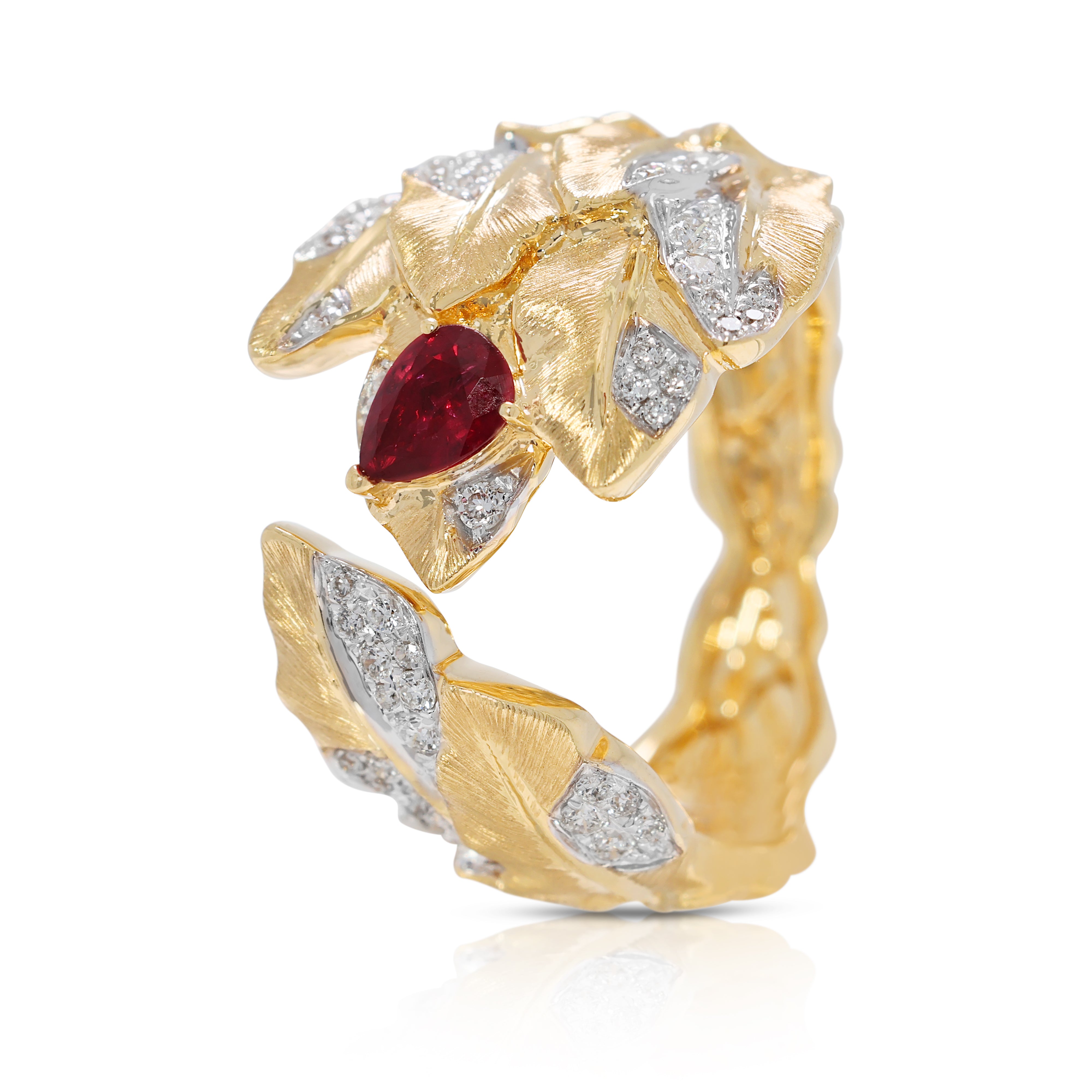 Nature-inspired 0.45ct Ruby & Natural Diamond Leaf Motif Ring in 18K Yellow Gold