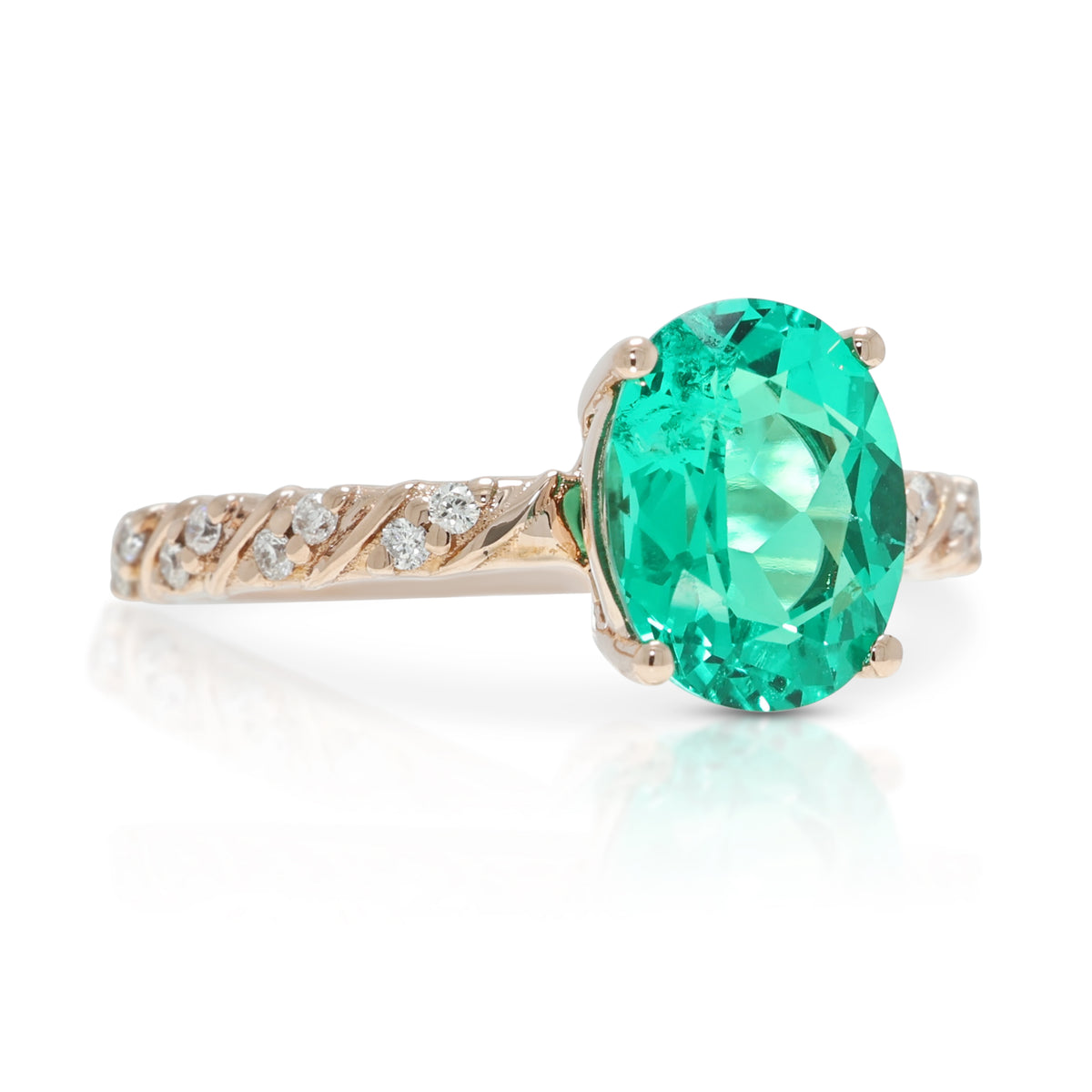 Enchanting 1.65ct Lab-Grown Emerald and 0.10ct Natural Diamond Pave Ring in 14K Rose Gold