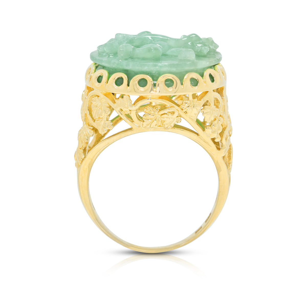 Exquisite Carved Green Jade Cherub Filigree Cocktail Ring in 14K Yellow Gold