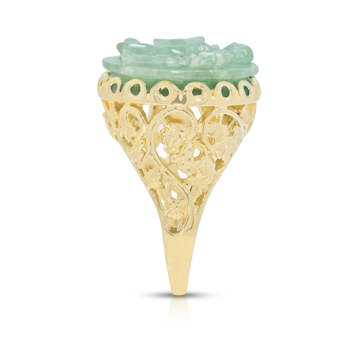 Exquisite Carved Green Jade Cherub Filigree Cocktail Ring in 14K Yellow Gold