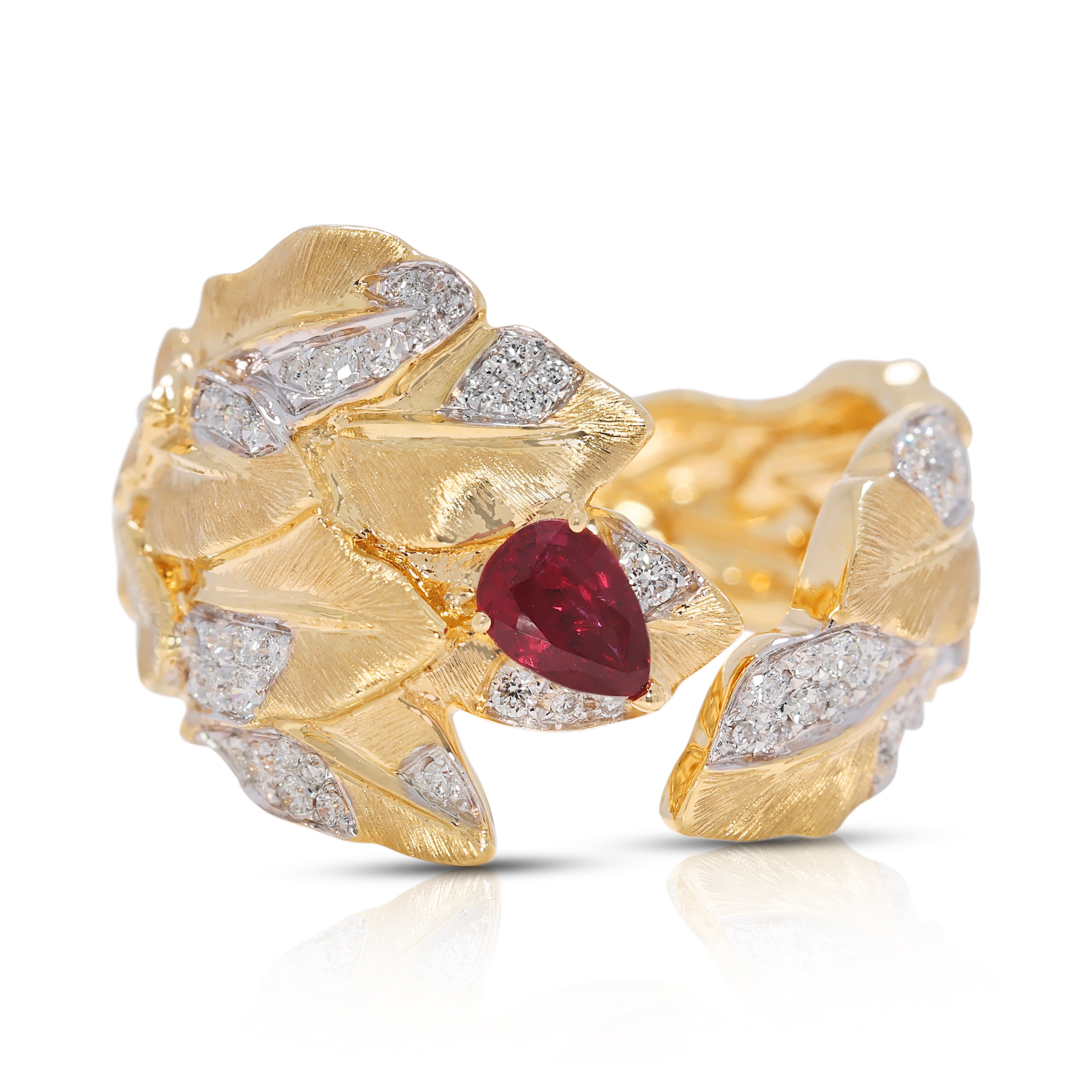 Nature-inspired 0.45ct Ruby & Natural Diamond Leaf Motif Ring in 18K Yellow Gold
