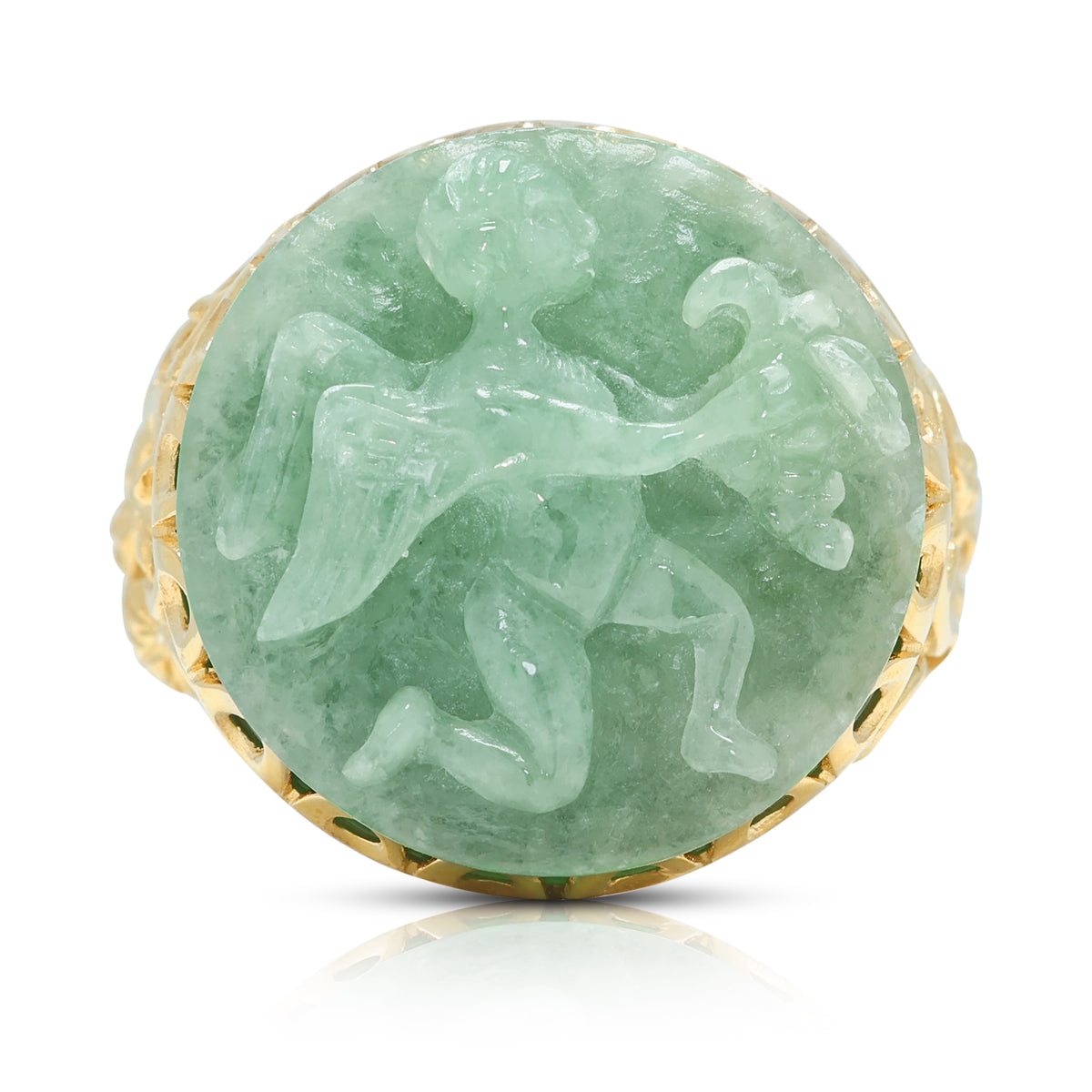 Exquisite Carved Green Jade Cherub Filigree Cocktail Ring in 14K Yellow Gold