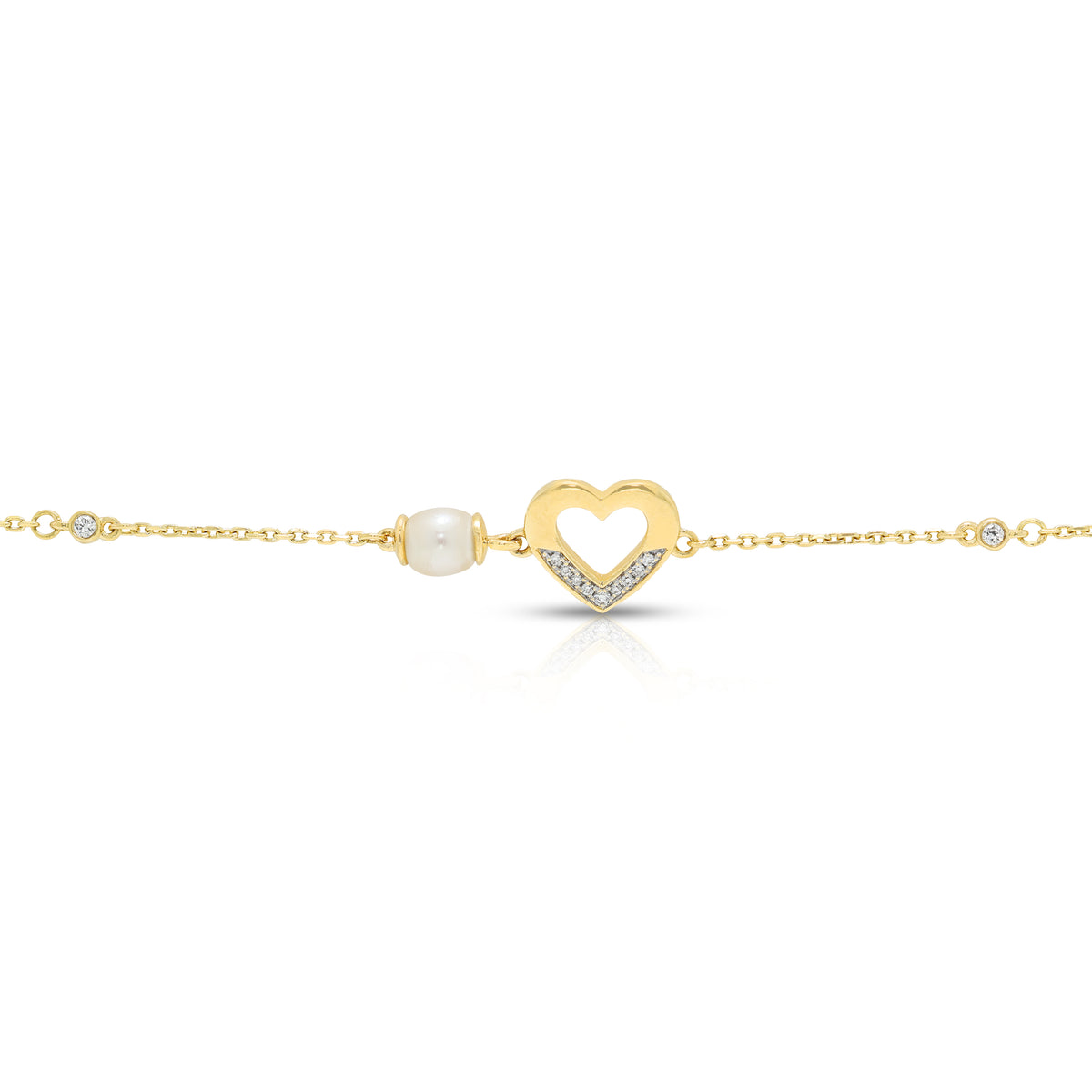 Charming 0.05ct Natural Diamond and Pearl Open Heart Chain Bracelet in 18K Yellow Gold