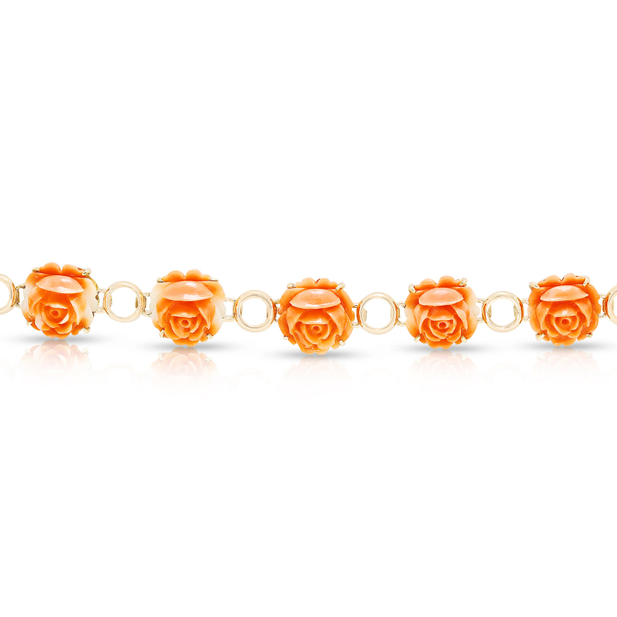 Exquisite Carved Orange-Red Coral Blooming Rose Link Bracelet in 14K Rose Gold