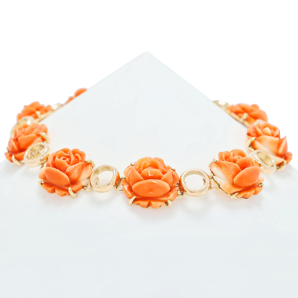 Exquisite Carved Orange-Red Coral Blooming Rose Link Bracelet in 14K Rose Gold