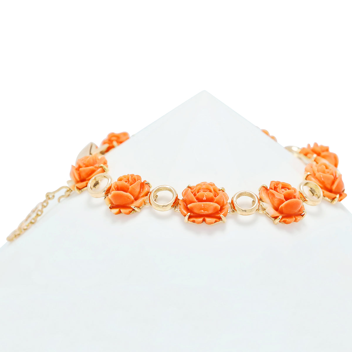 Exquisite Carved Orange-Red Coral Blooming Rose Link Bracelet in 14K Rose Gold