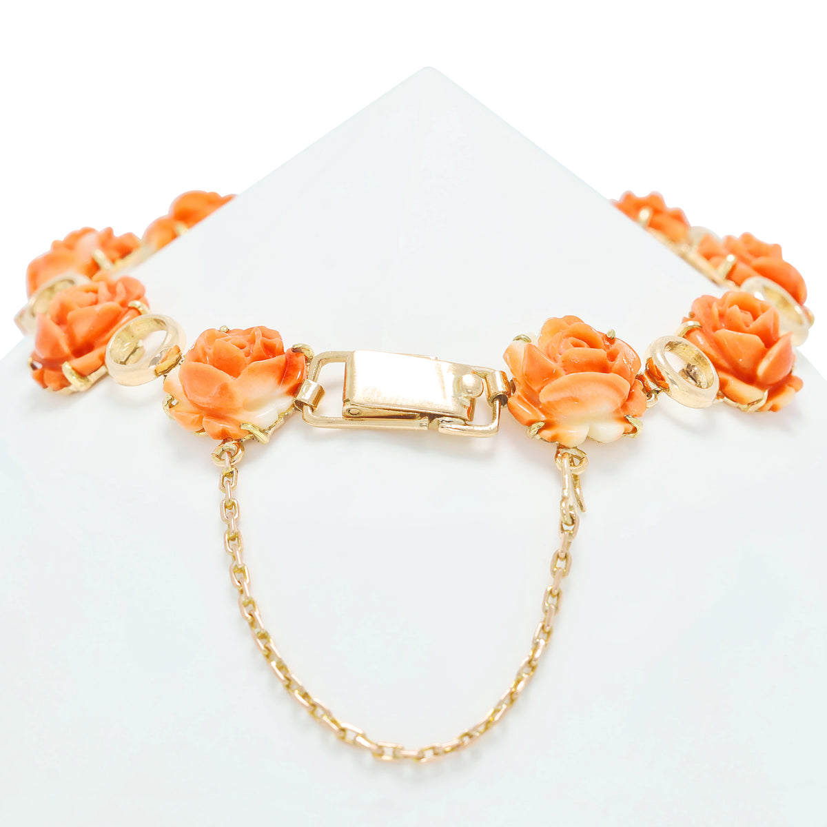 Exquisite Carved Orange-Red Coral Blooming Rose Link Bracelet in 14K Rose Gold