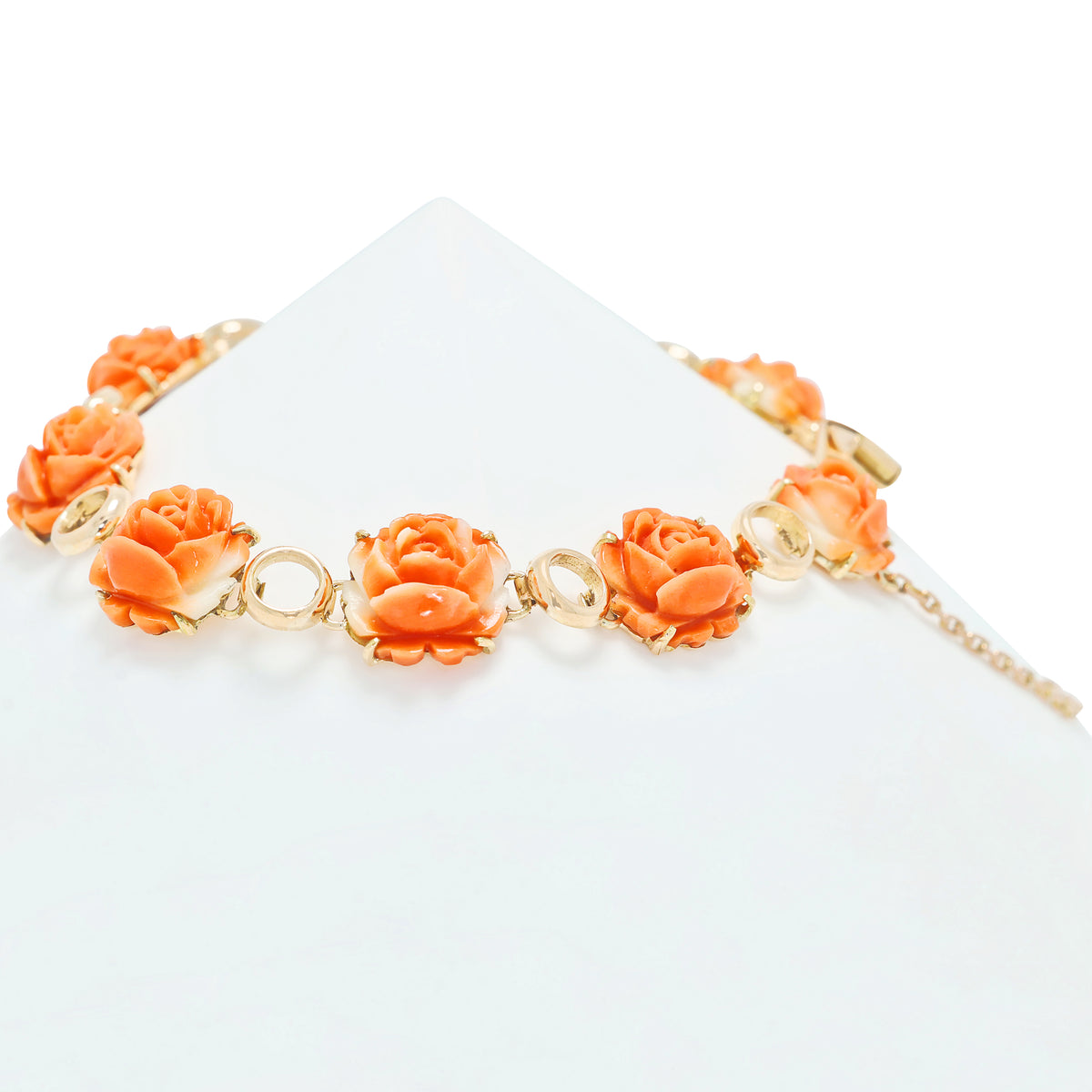 Exquisite Carved Orange-Red Coral Blooming Rose Link Bracelet in 14K Rose Gold