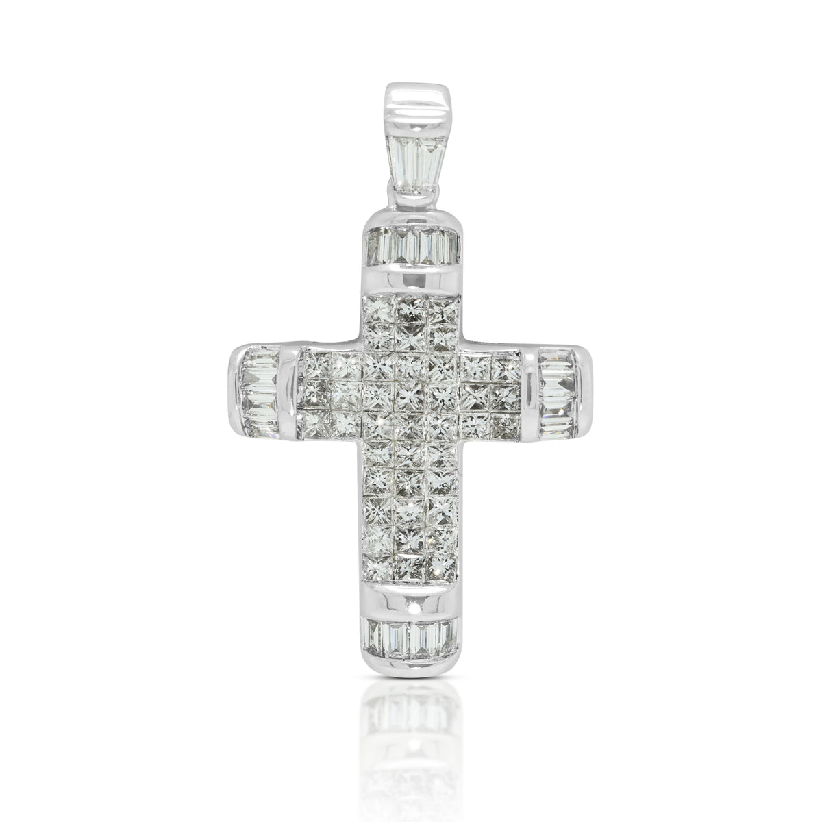 Radiant 1.59ct Natural Diamond Princess and Baguette Cut Cross Pendant in 18K White Gold