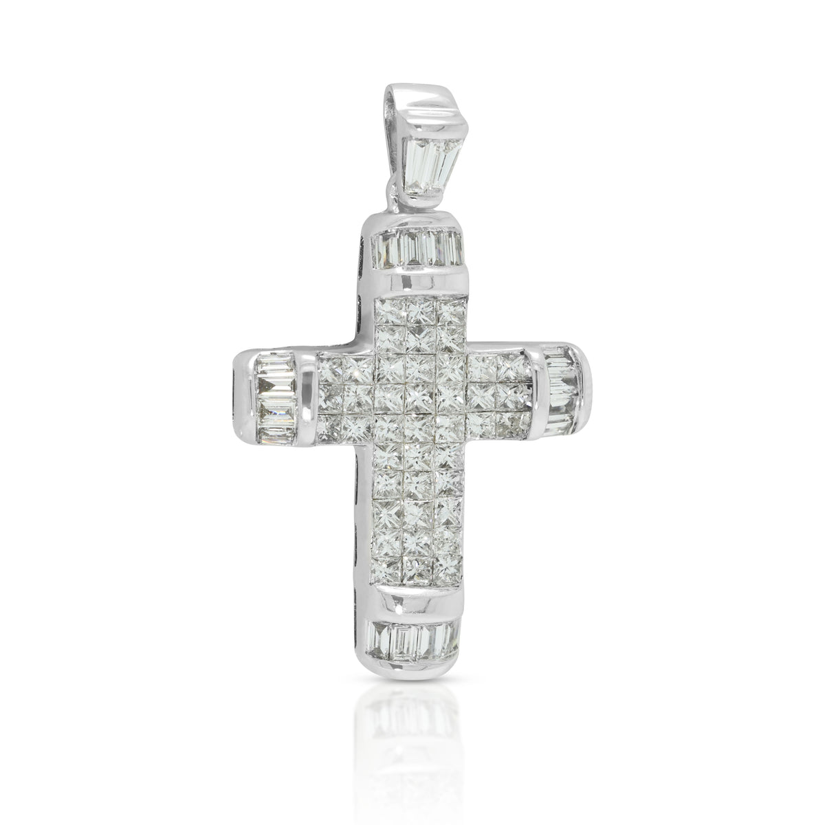 Radiant 1.59ct Natural Diamond Princess and Baguette Cut Cross Pendant in 18K White Gold