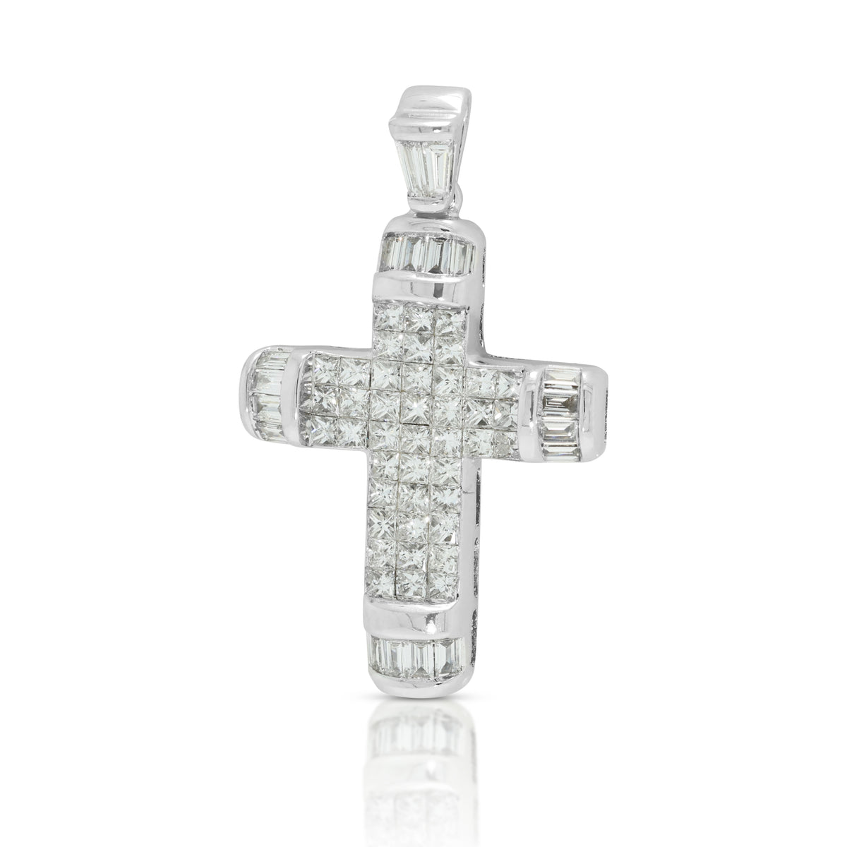Radiant 1.59ct Natural Diamond Princess and Baguette Cut Cross Pendant in 18K White Gold