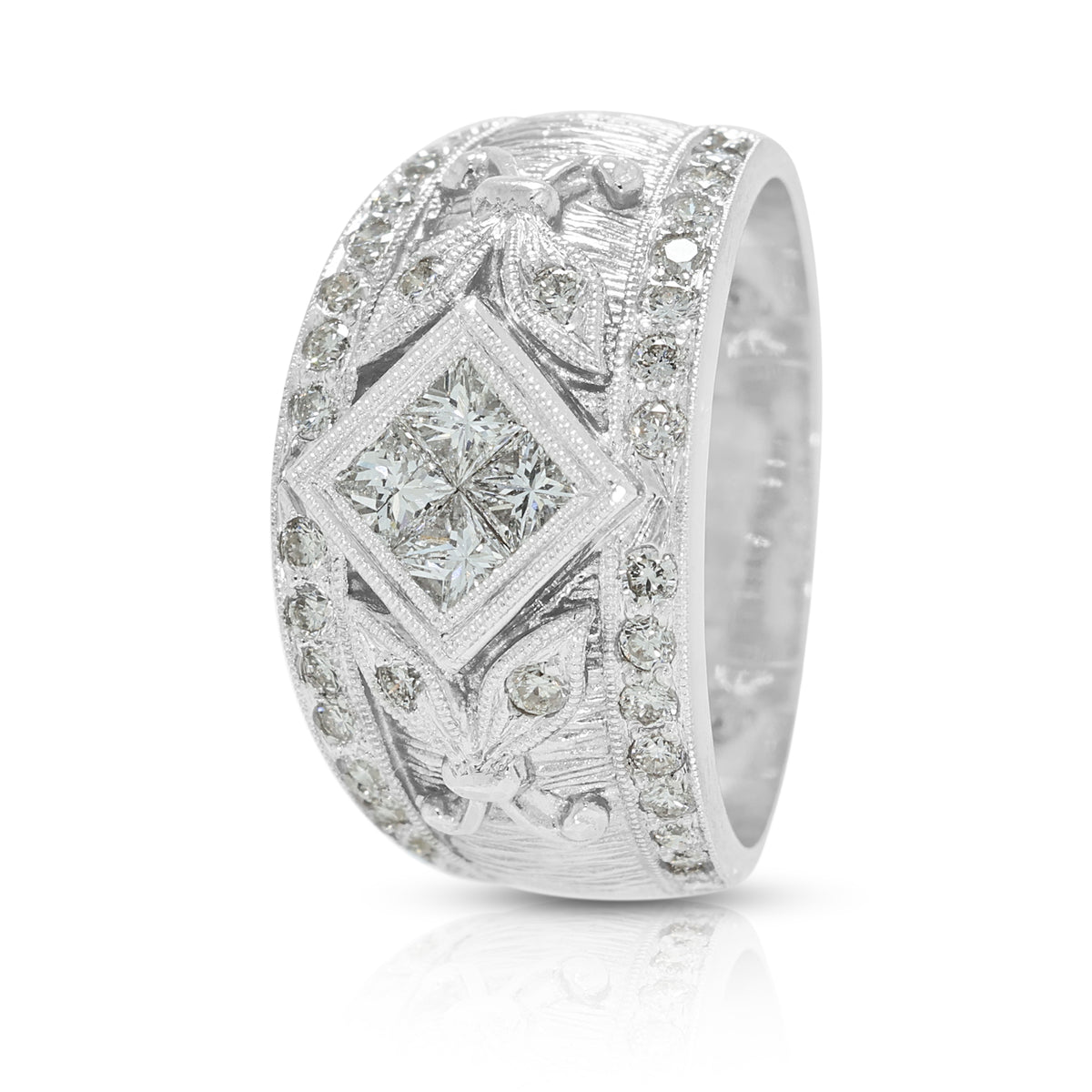 Opulent 0.36ct Natural Diamond Quad-Cluster Filigree Wide Band Ring in 18K White Gold
