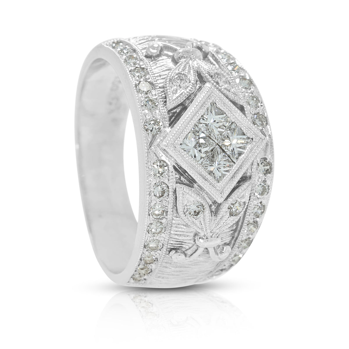 Opulent 0.36ct Natural Diamond Quad-Cluster Filigree Wide Band Ring in 18K White Gold