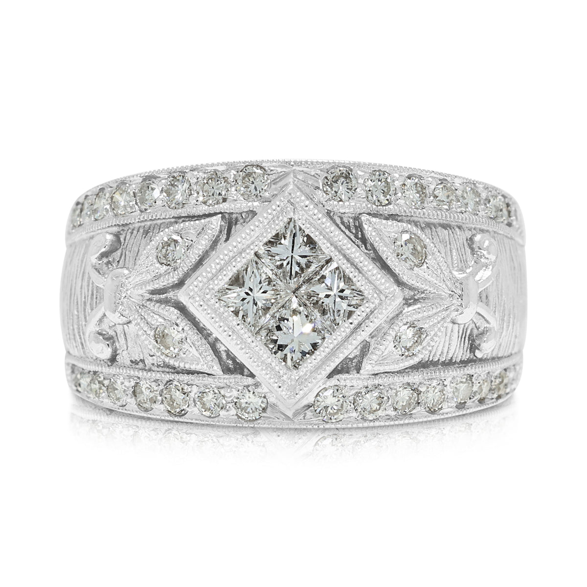 Opulent 0.36ct Natural Diamond Quad-Cluster Filigree Wide Band Ring in 18K White Gold