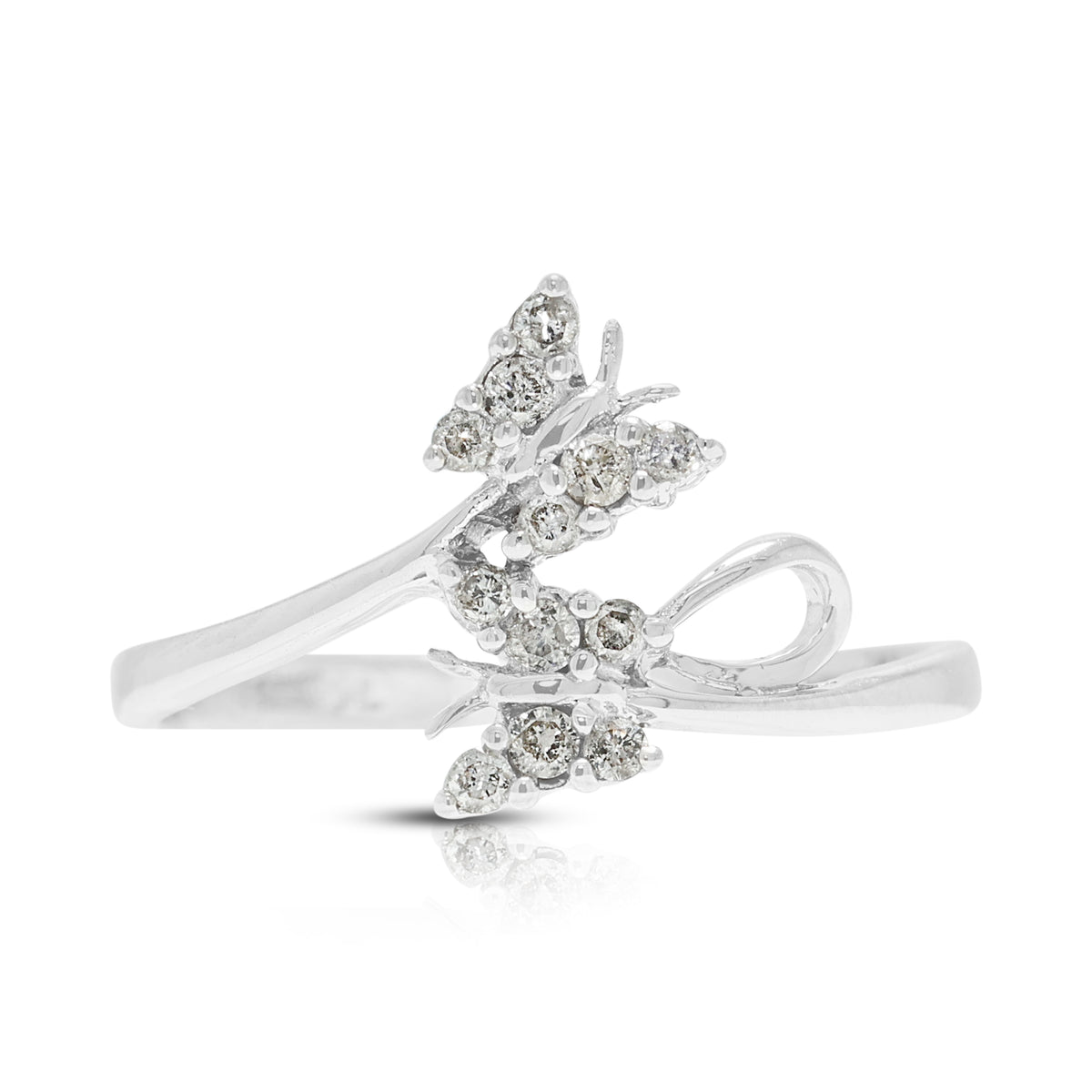 Alluring 0.12ct Natural Diamond Double Butterfly Bypass Ring in 18K White Gold