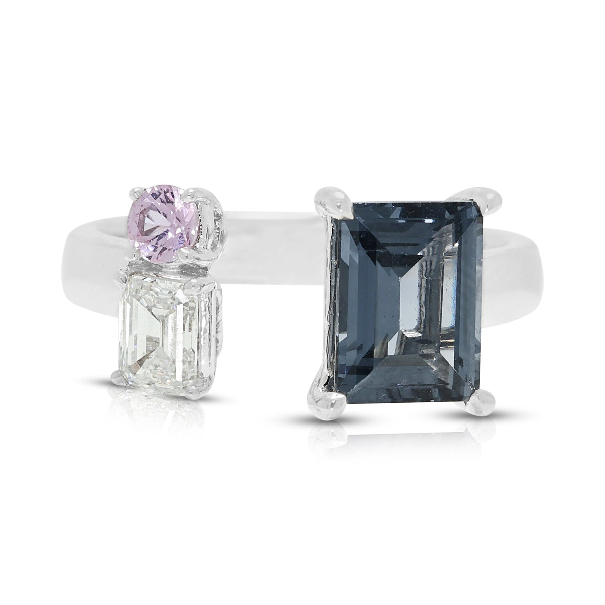 Peerless 1.45ct Greyish Blue Spinel, 0.27ct Diamond and 0.10ct Pink Sapphire Modern Open Ring in 18K White Gold (New)