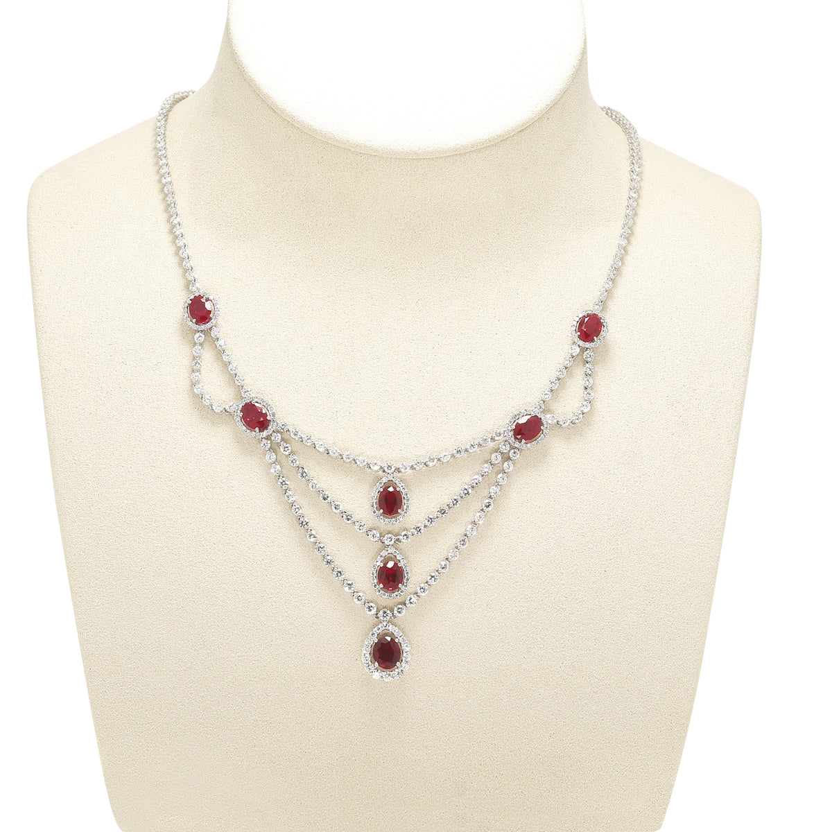 Spectacular 8.30ct Burmese Ruby and 10.04ct Natural Diamond Festoon Collar Necklace in 18K White Gold with Nan Yang Certificate