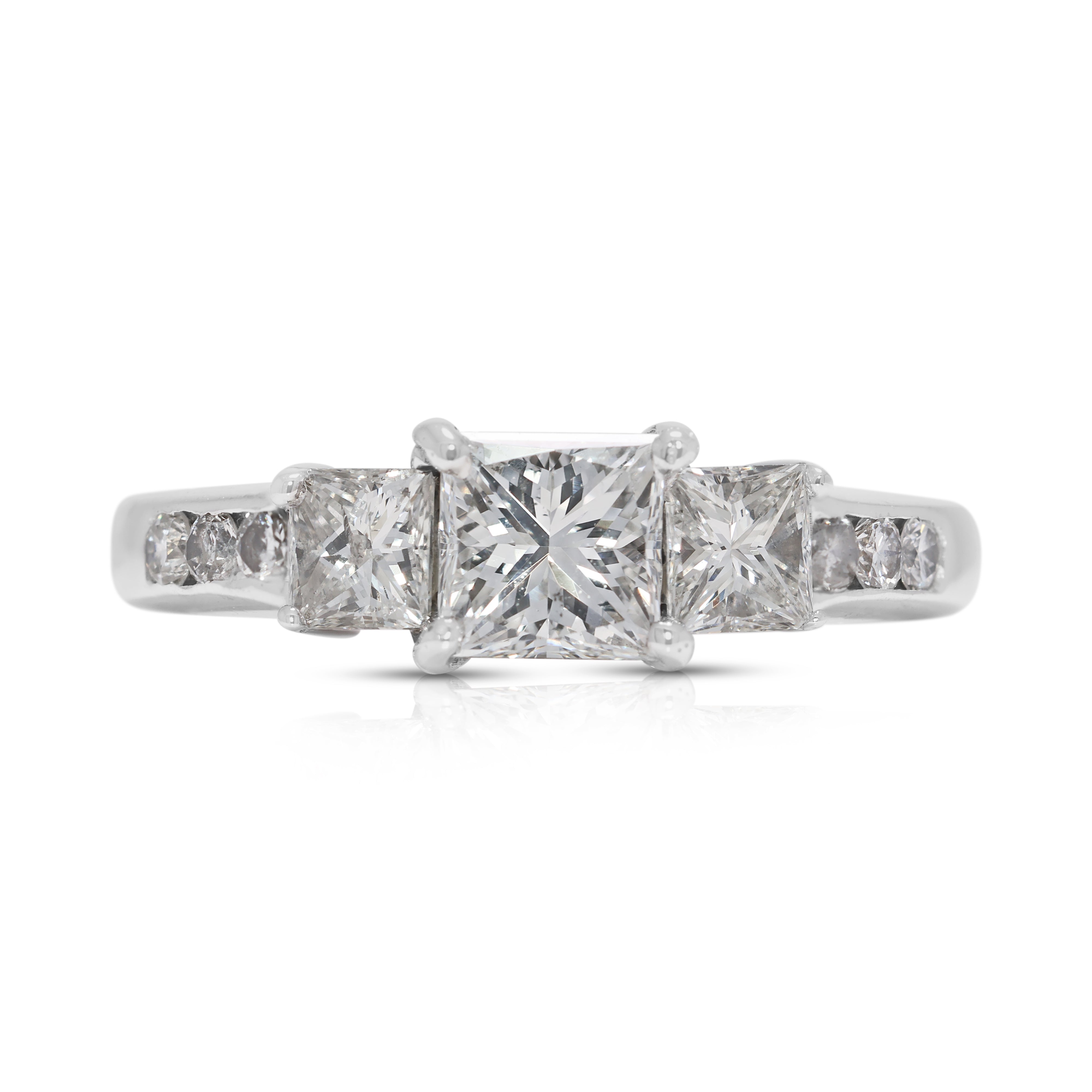 Sophisticated 1.36ct Princess & Round Natural Diamond Engagement Ring in 14K White Gold - GIA Certified