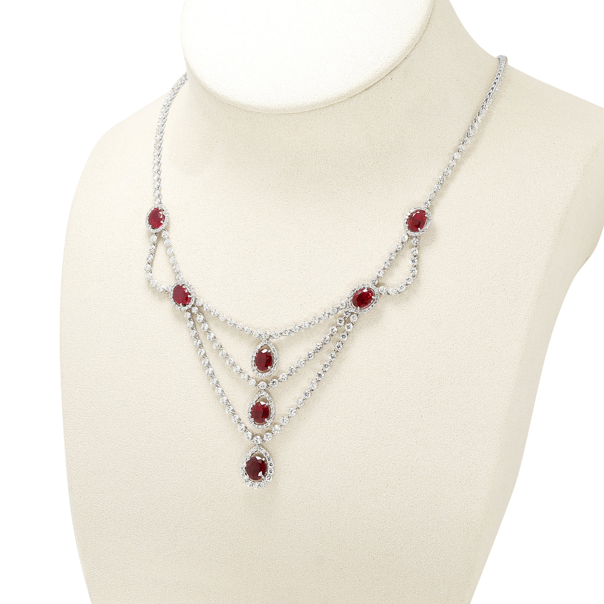 Spectacular 8.30ct Burmese Ruby and 10.04ct Natural Diamond Festoon Collar Necklace in 18K White Gold with Nan Yang Certificate
