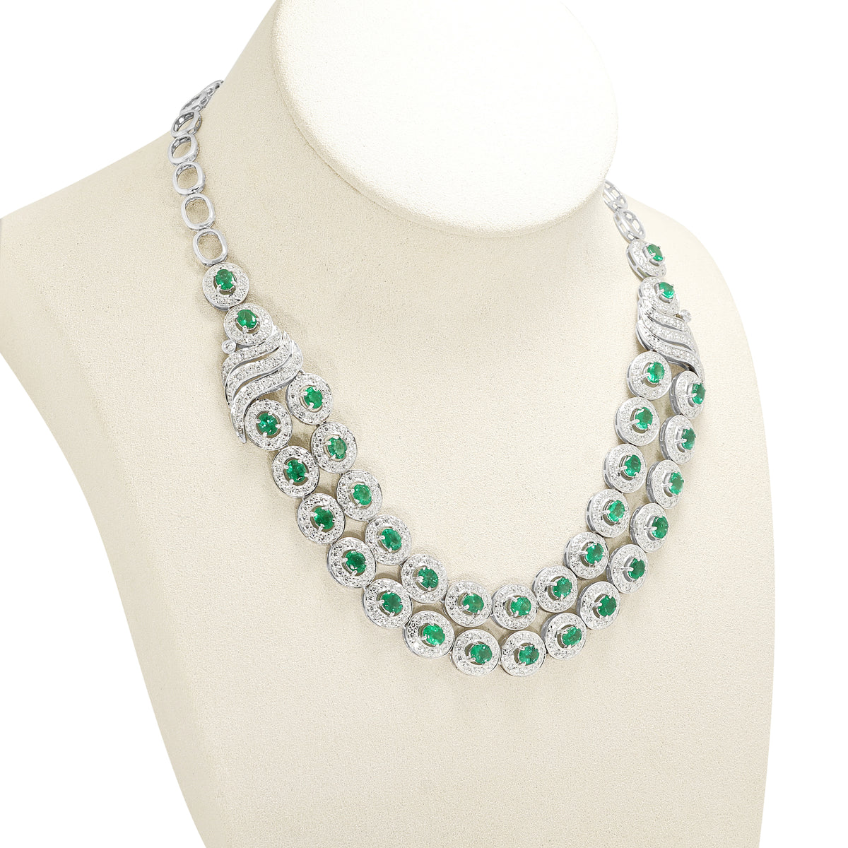 Resplendent 9.40ct Emerald and 6.07ct Natural Diamond Double Row Halo Collar Necklace in 18K White Gold