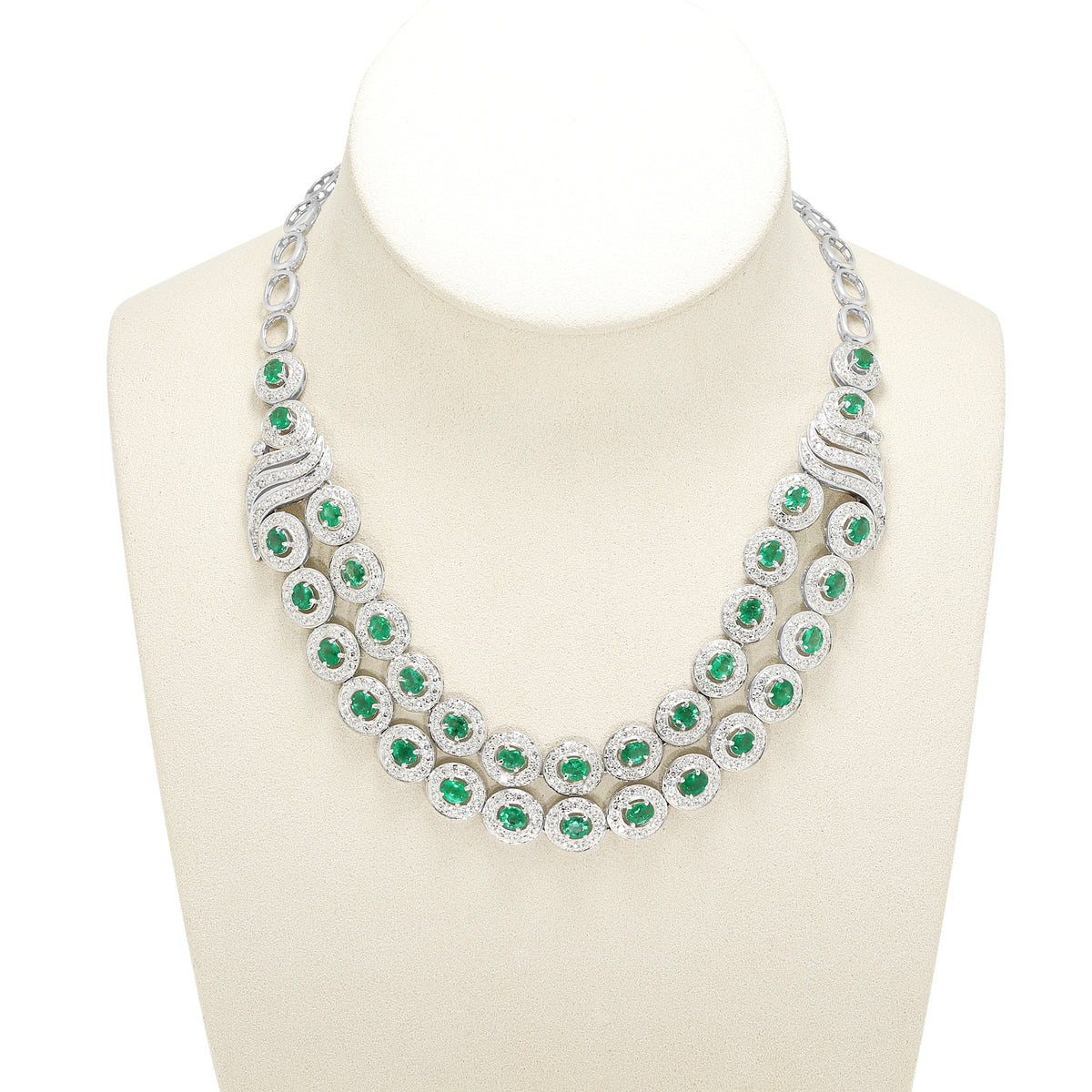 Resplendent 9.40ct Emerald and 6.07ct Natural Diamond Double Row Halo Collar Necklace in 18K White Gold