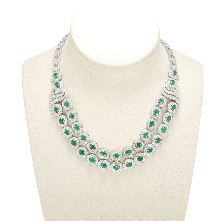 Resplendent 9.40ct Emerald and 6.07ct Natural Diamond Double Row Halo Collar Necklace in 18K White Gold