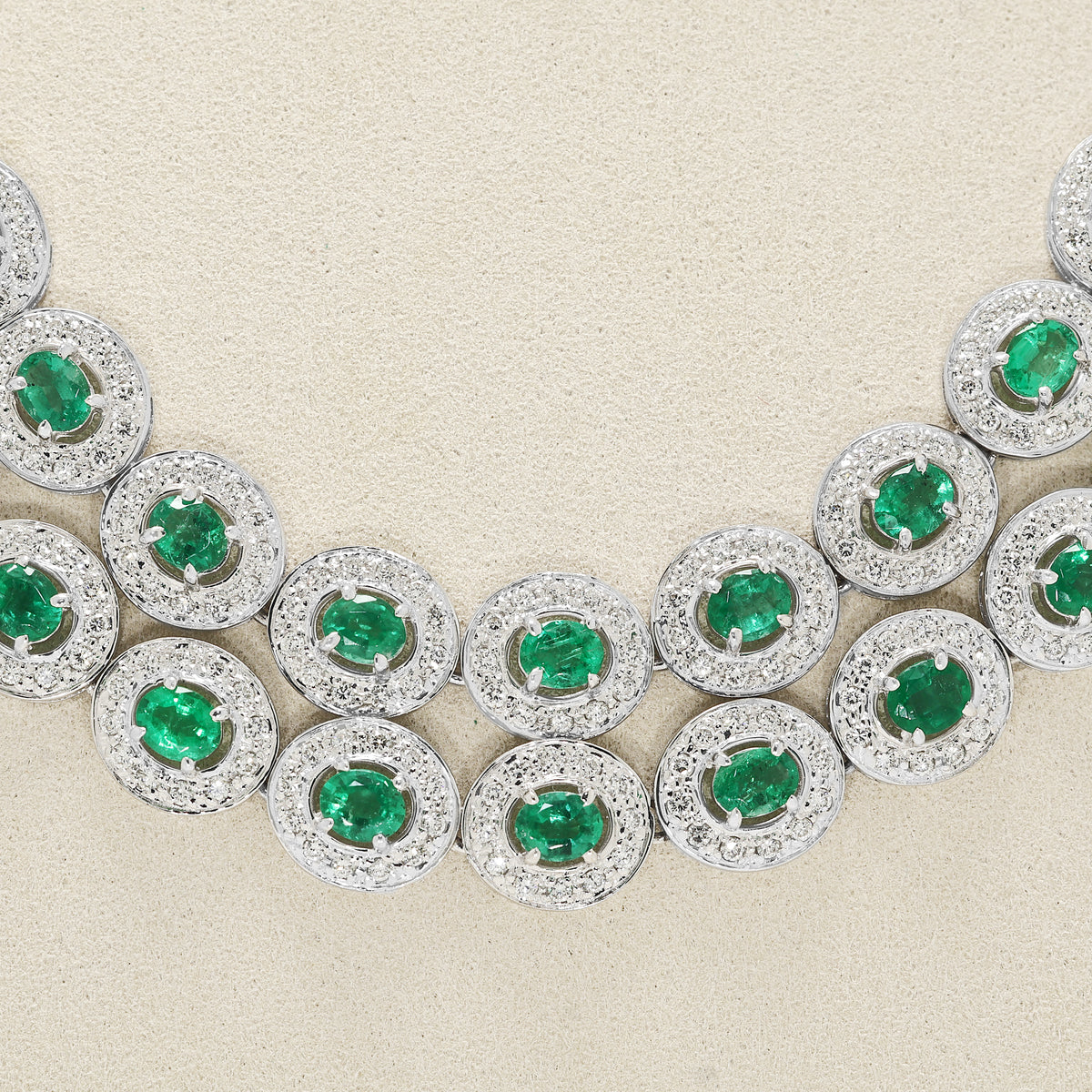 Resplendent 9.40ct Emerald and 6.07ct Natural Diamond Double Row Halo Collar Necklace in 18K White Gold