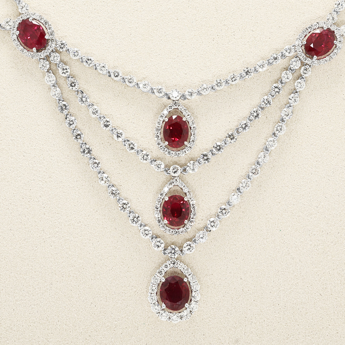 Spectacular 8.30ct Burmese Ruby and 10.04ct Natural Diamond Festoon Collar Necklace in 18K White Gold with Nan Yang Certificate