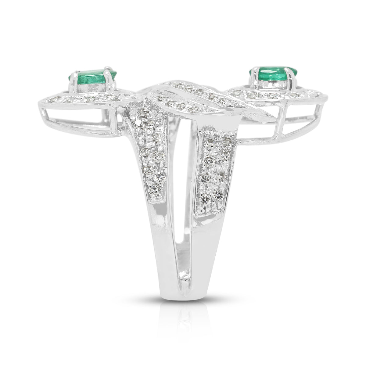 Spellbinding 0.60ct Emerald and 1.21ct Natural Diamond Bypass Halo Cocktail Ring in 18K White Gold