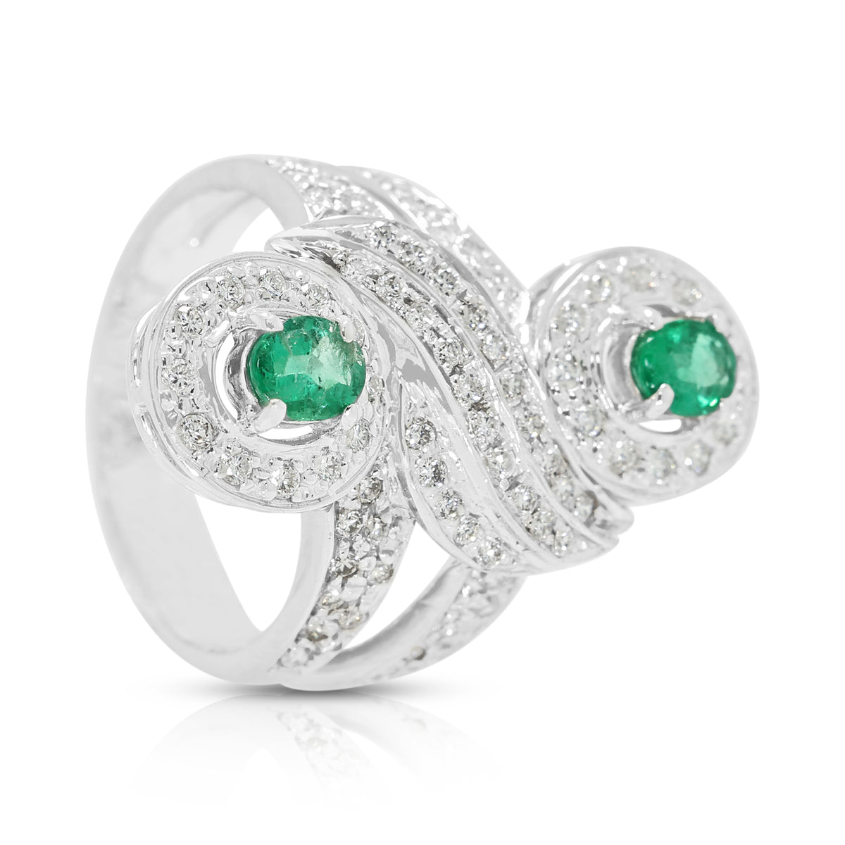 Spellbinding 0.60ct Emerald and 1.21ct Natural Diamond Bypass Halo Cocktail Ring in 18K White Gold