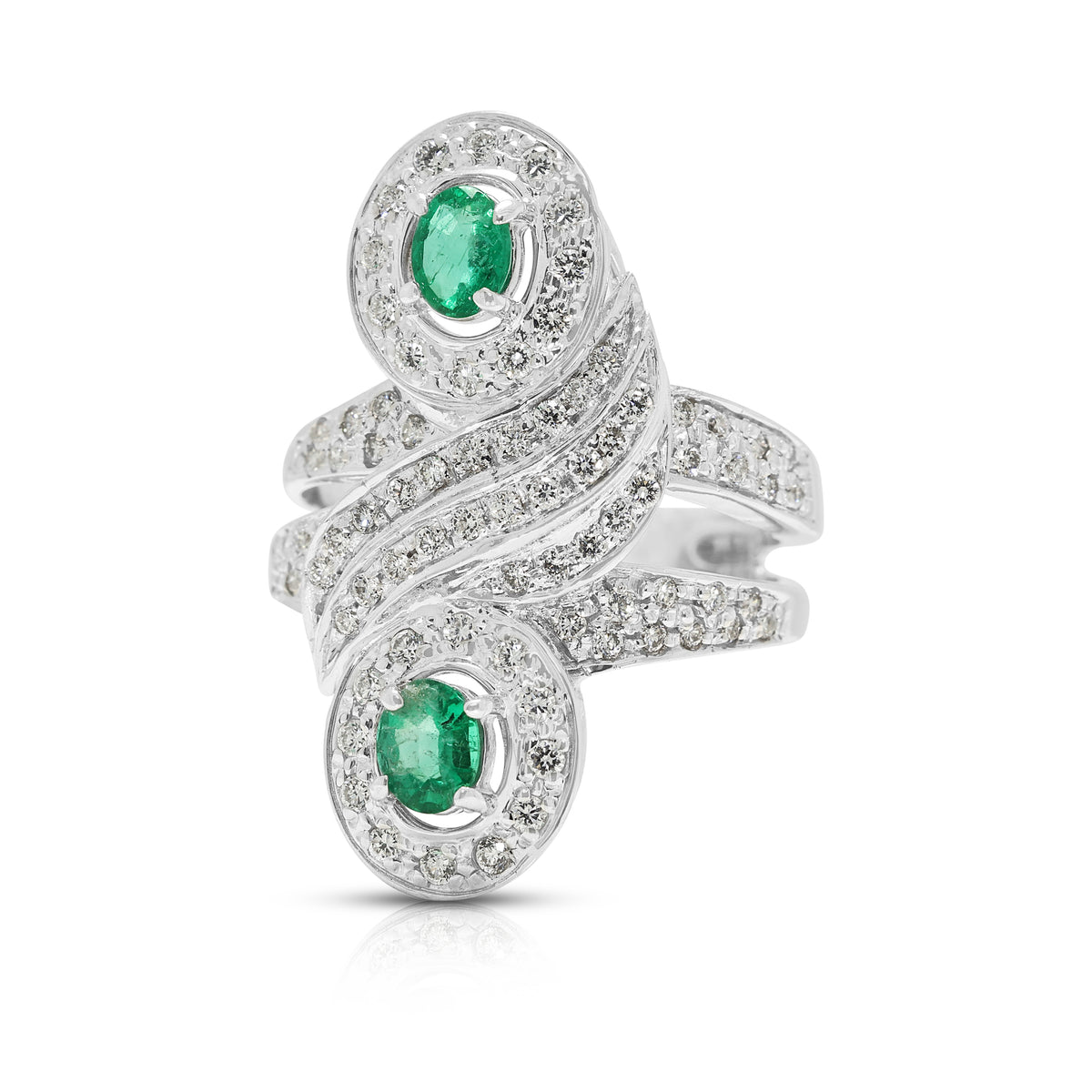 Spellbinding 0.60ct Emerald and 1.21ct Natural Diamond Bypass Halo Cocktail Ring in 18K White Gold