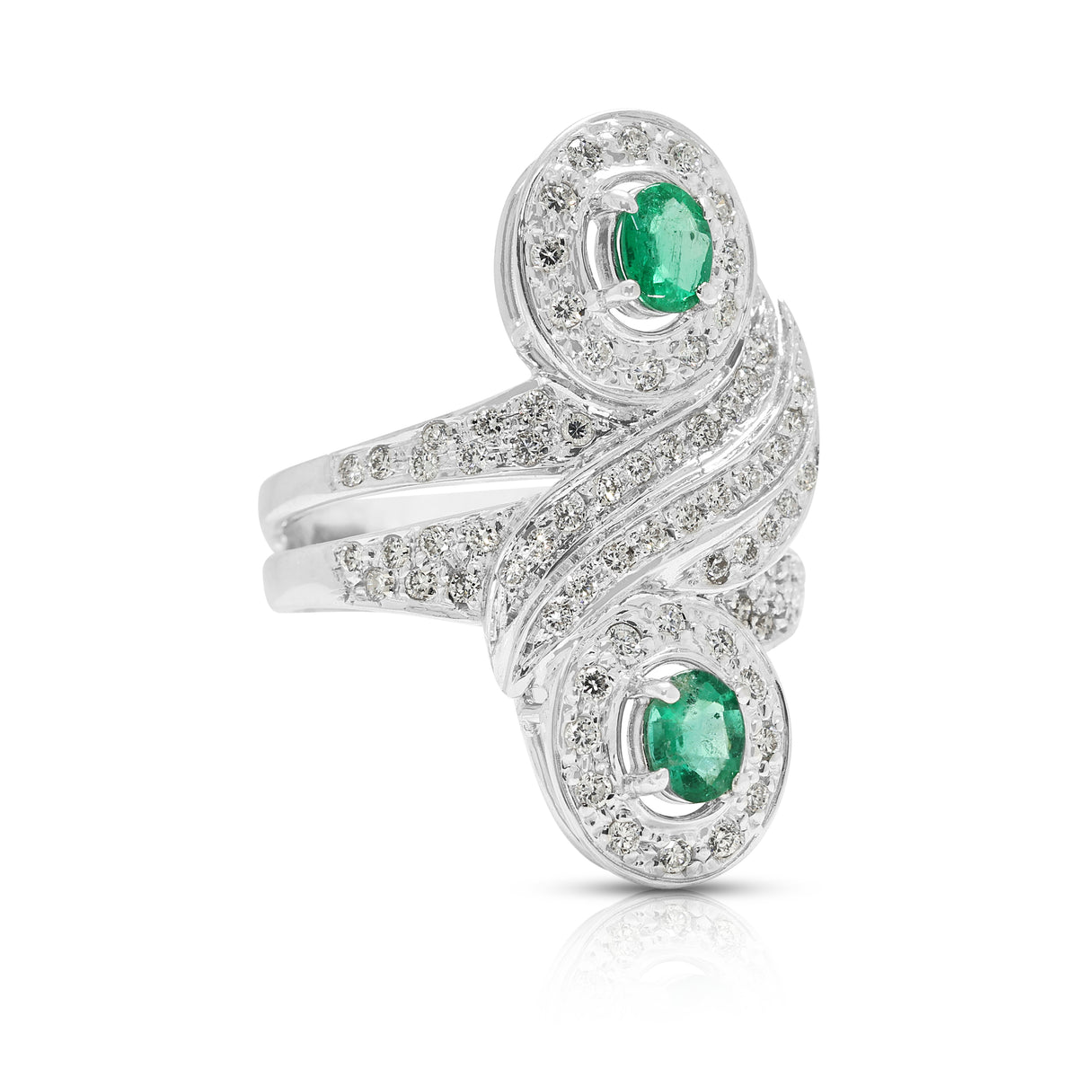 Spellbinding 0.60ct Emerald and 1.21ct Natural Diamond Bypass Halo Cocktail Ring in 18K White Gold