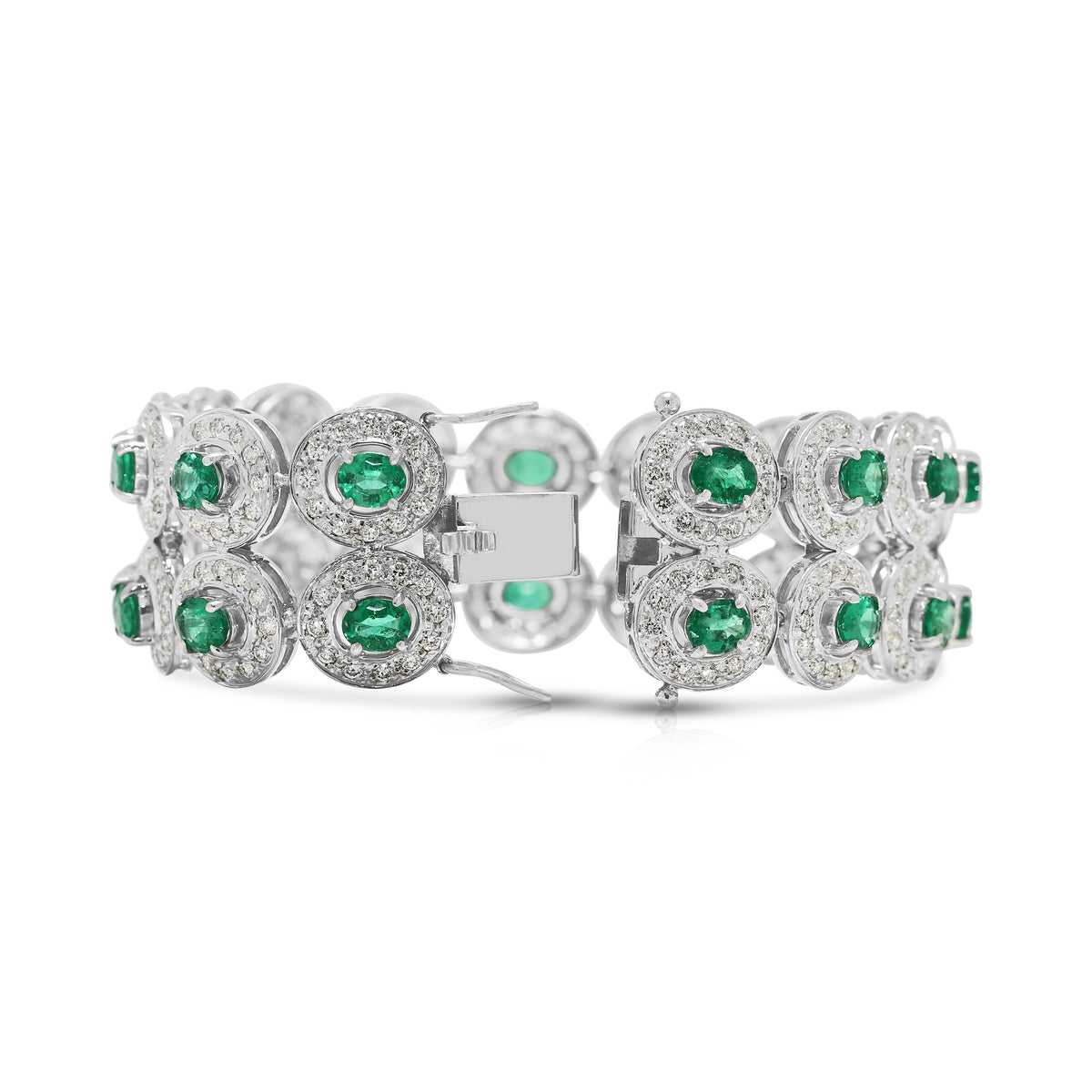 Resplendent 8.10ct Emerald and 4.68ct Natural Diamond Double Row Halo Link Bracelet in 18K White Gold